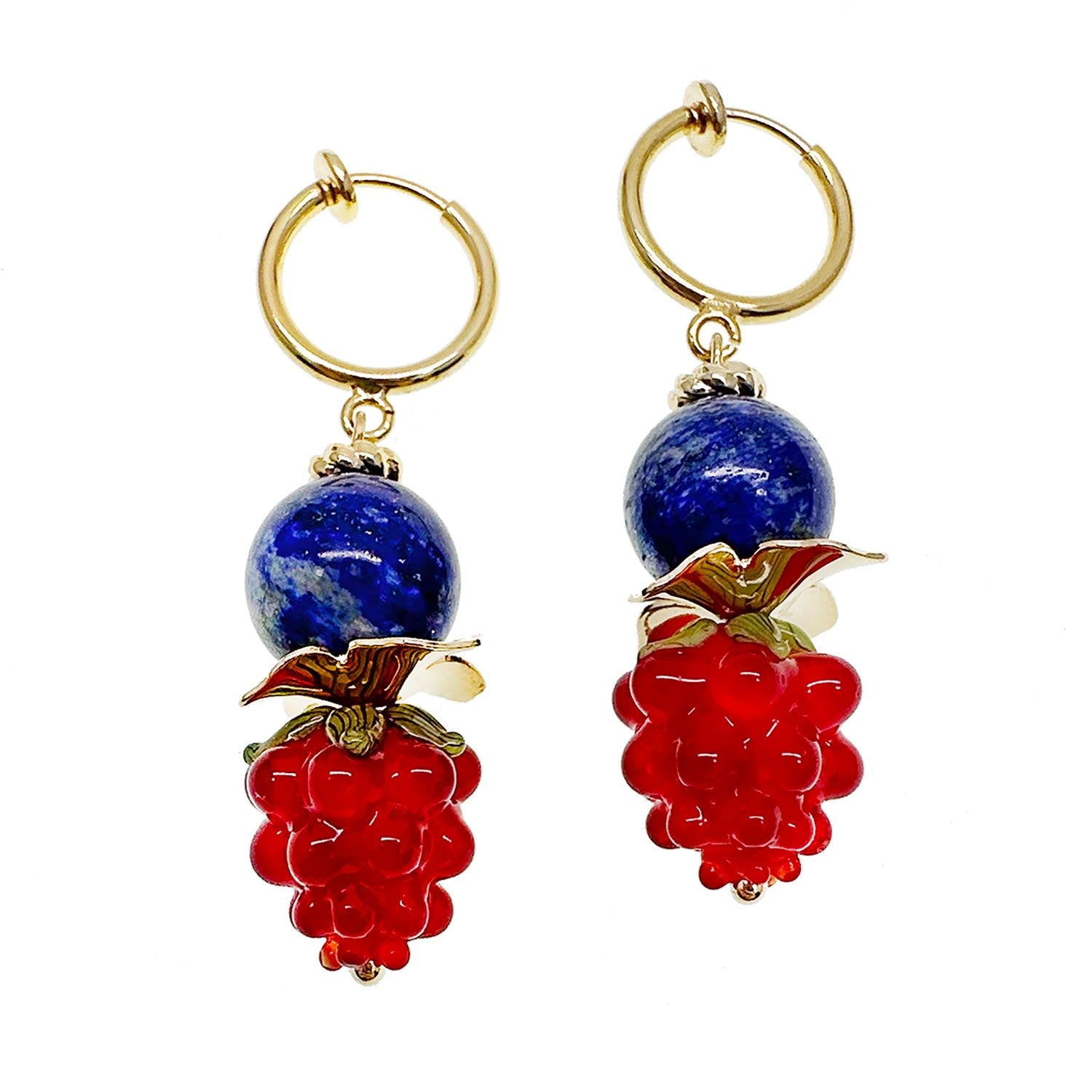 Lapis With Red Rasberry Clip-On Earrings
