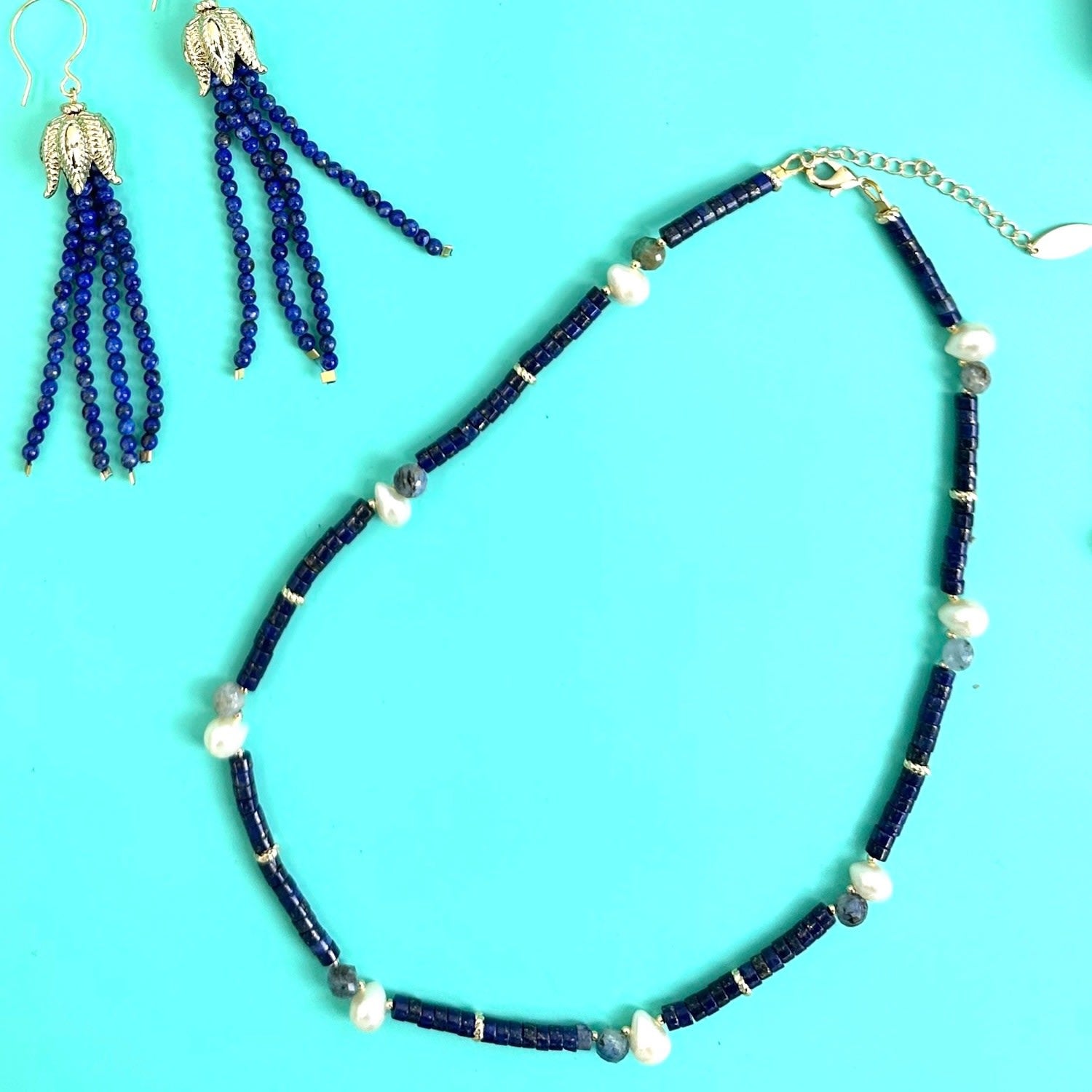 Lapis With Teardrop Pearls Dainty Necklace