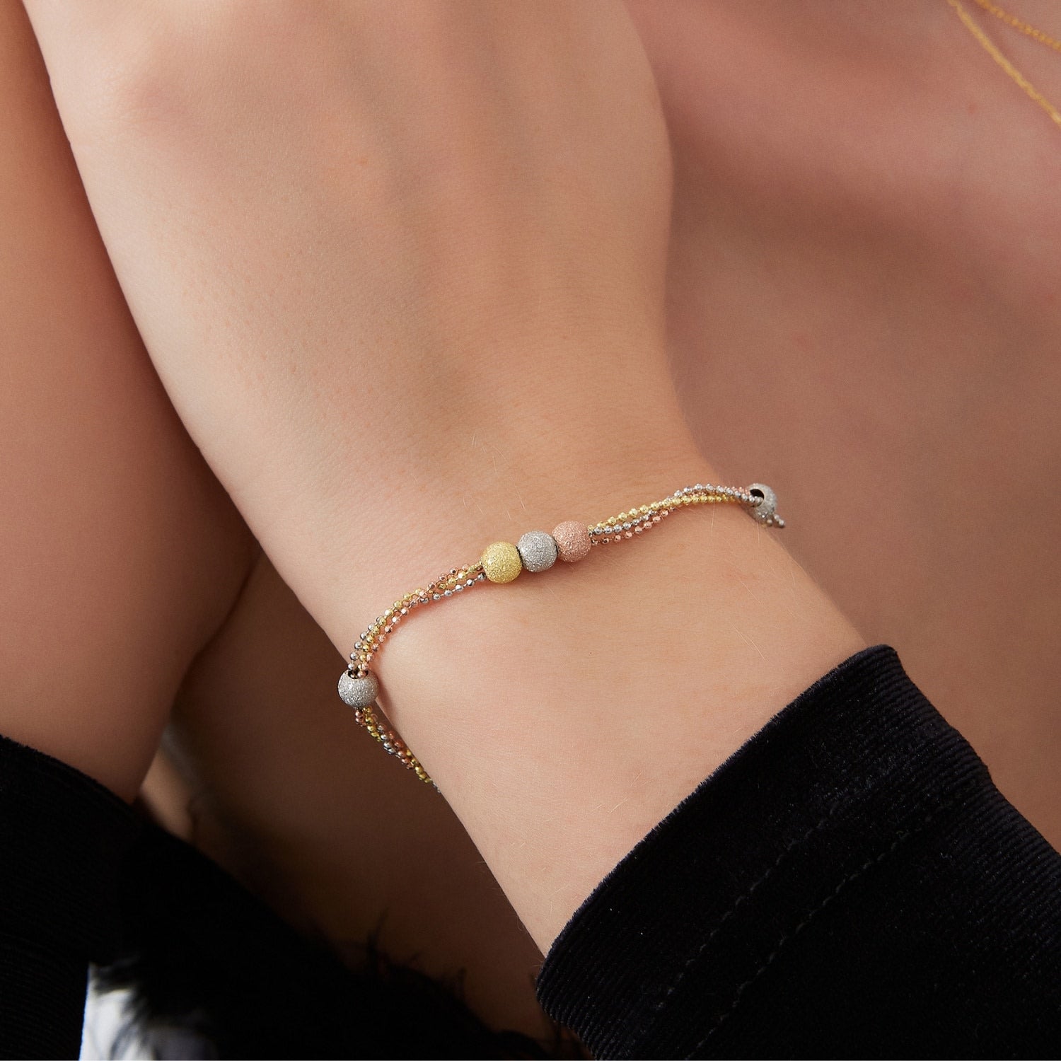 Large Beaded Three Color Gold Rose Gold Sterling Silver Handmade Bracelet