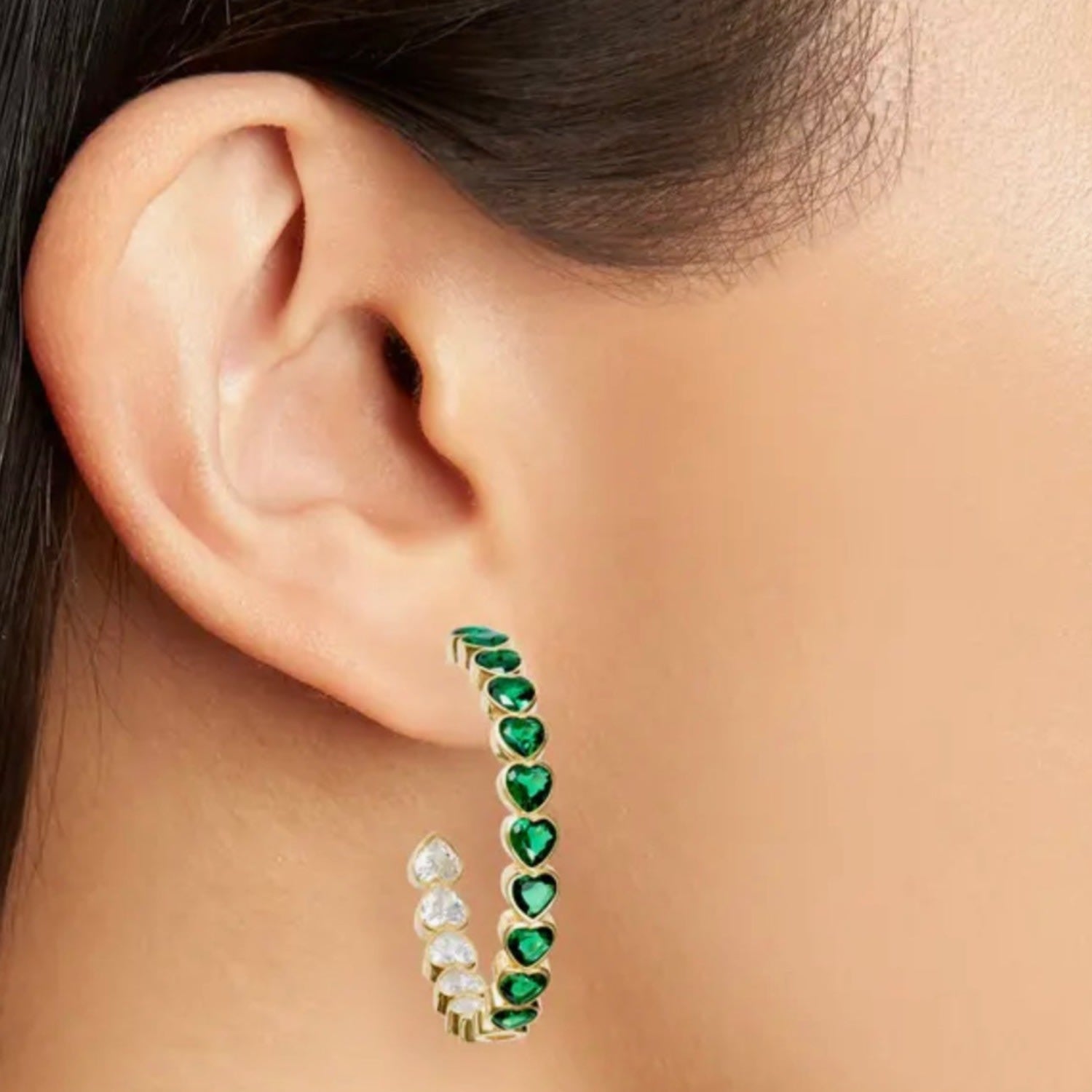 Large Bezel Set Heart Hoops - Gold With Green Stones