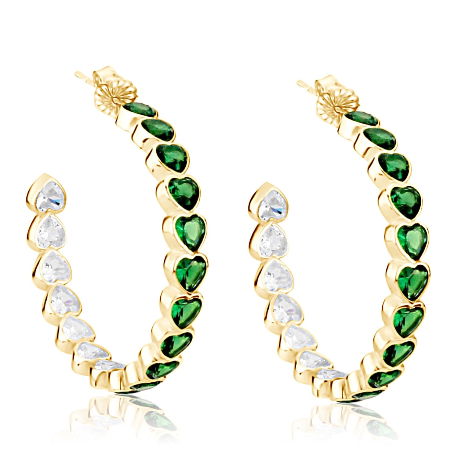 Large Bezel Set Heart Hoops - Gold With Green Stones