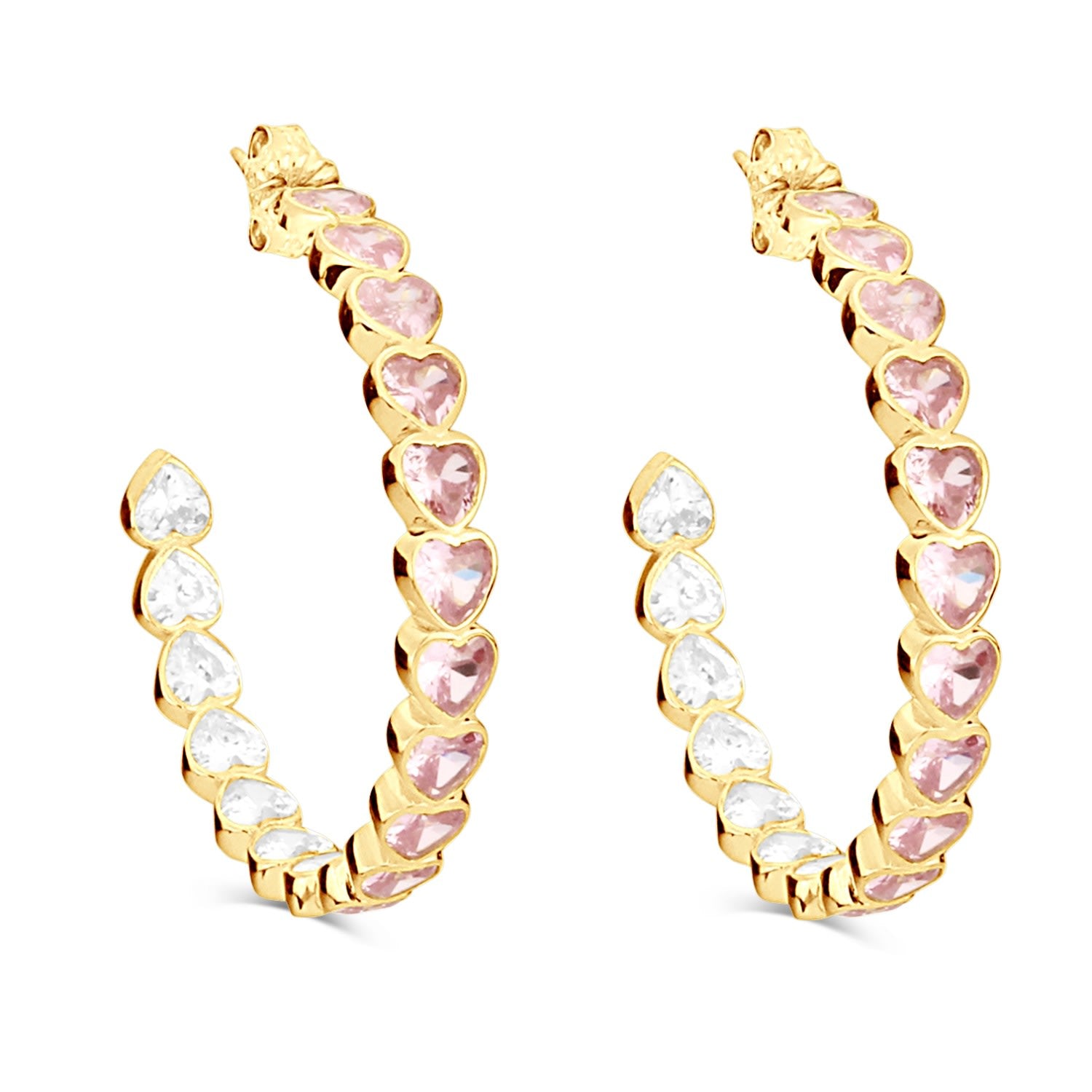 Large Bezel Set Heart Hoops - Gold With Pink Stones