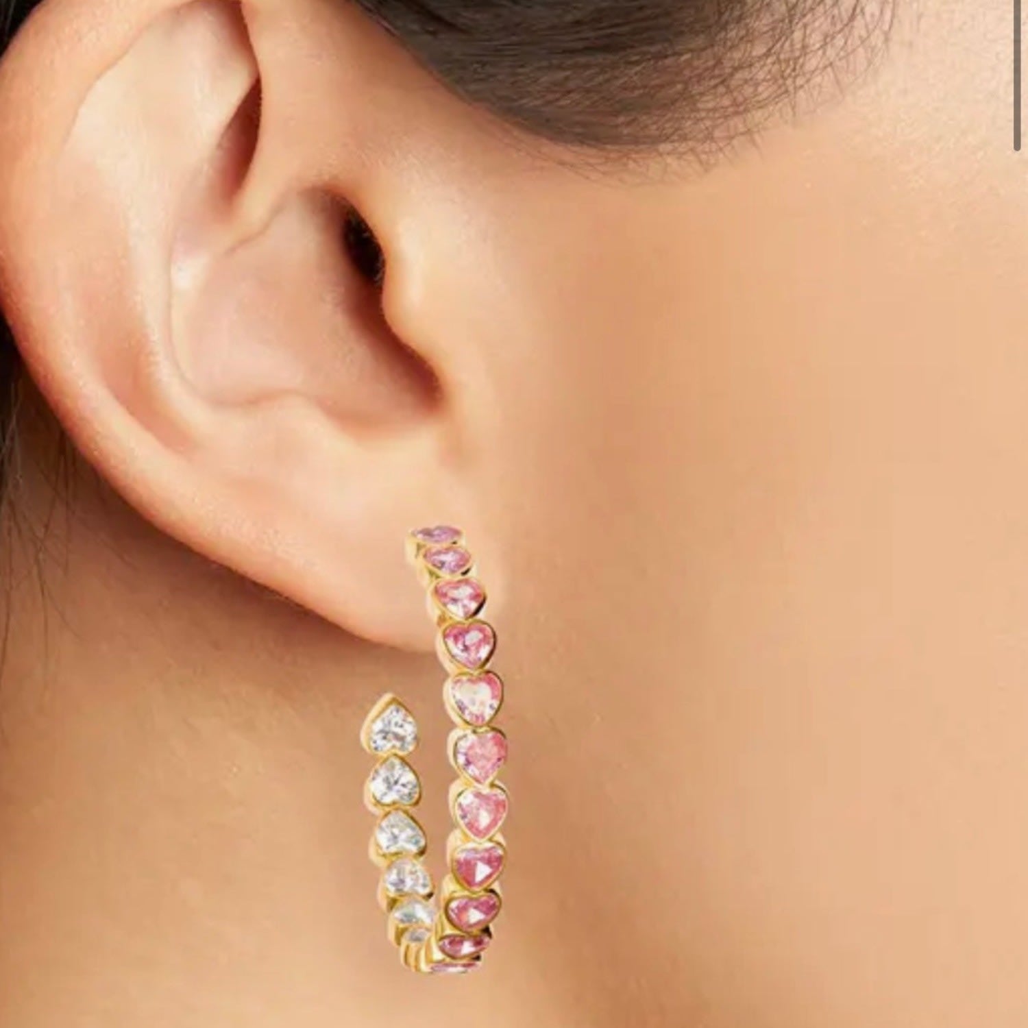 Large Bezel Set Heart Hoops - Gold With Pink Stones