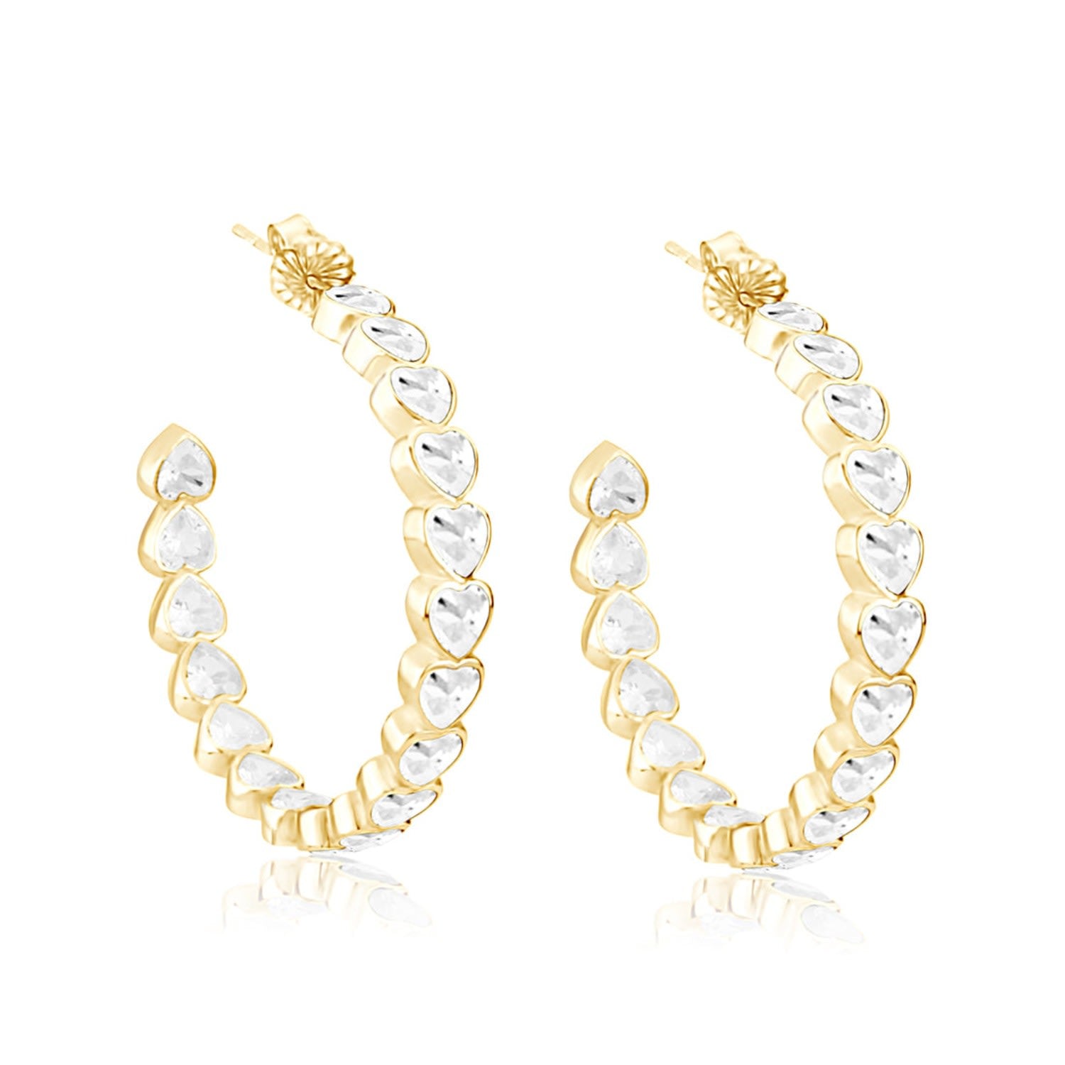 Large Bezel Set Heart Hoops - Gold With White Stones