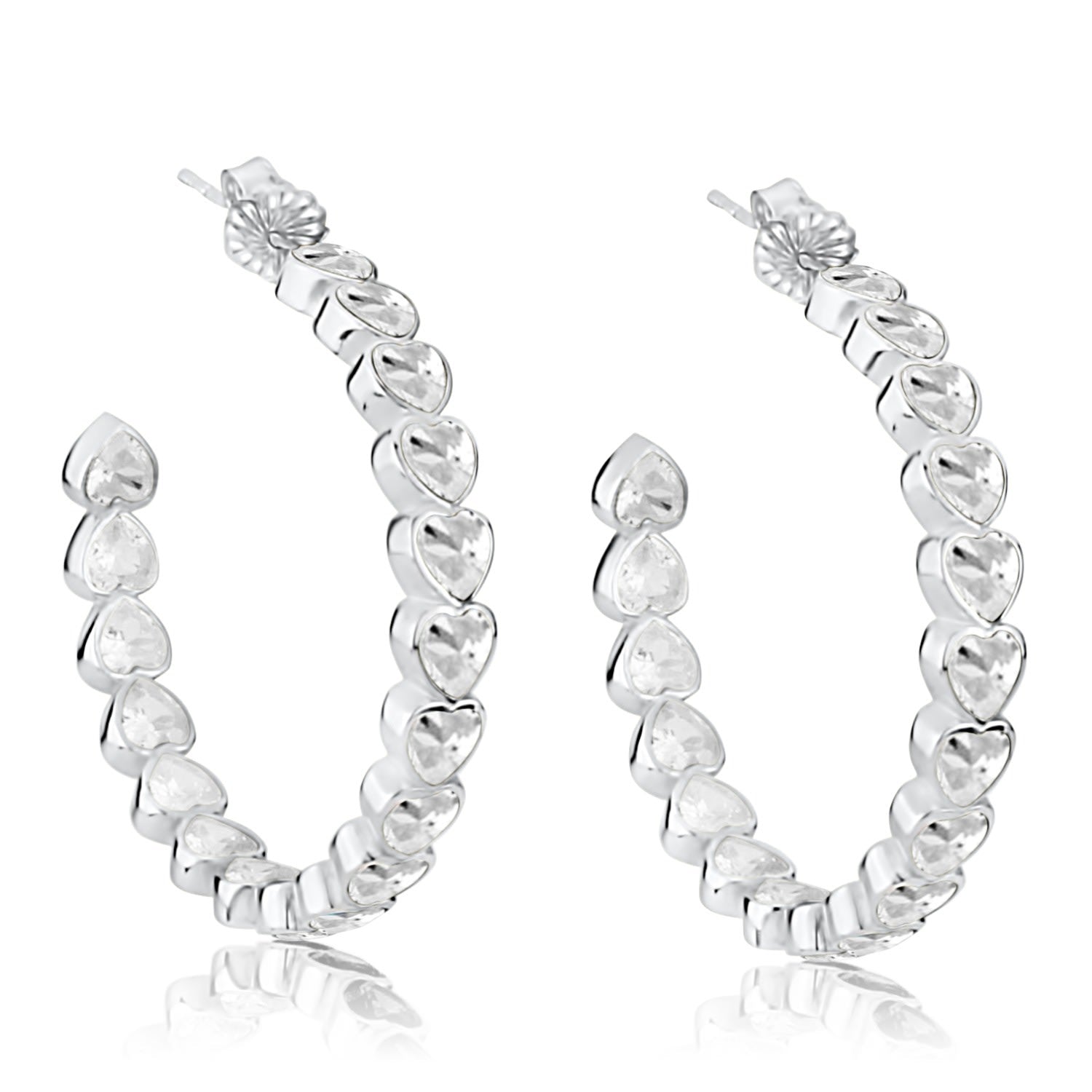 Large Bezel Set Heart Hoops - Silver With White Stones