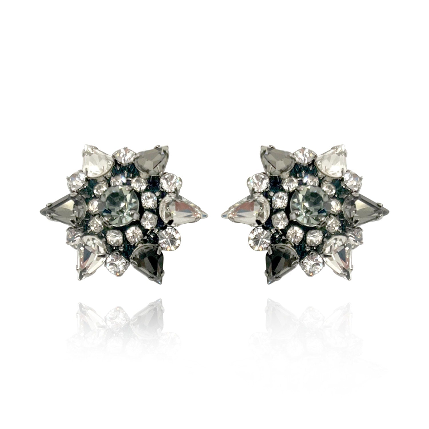 Large Clip Earring With Black Diamond And Crystal Multi-Stones