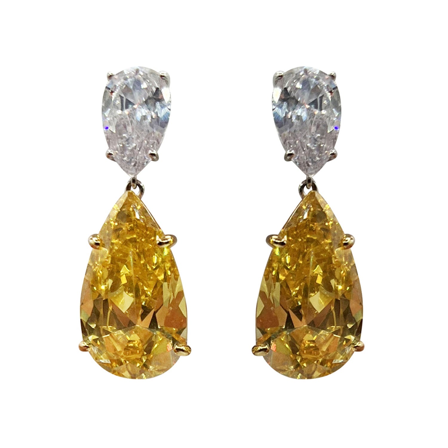 Large Double Pear Canary And Diamond Clip Earrings