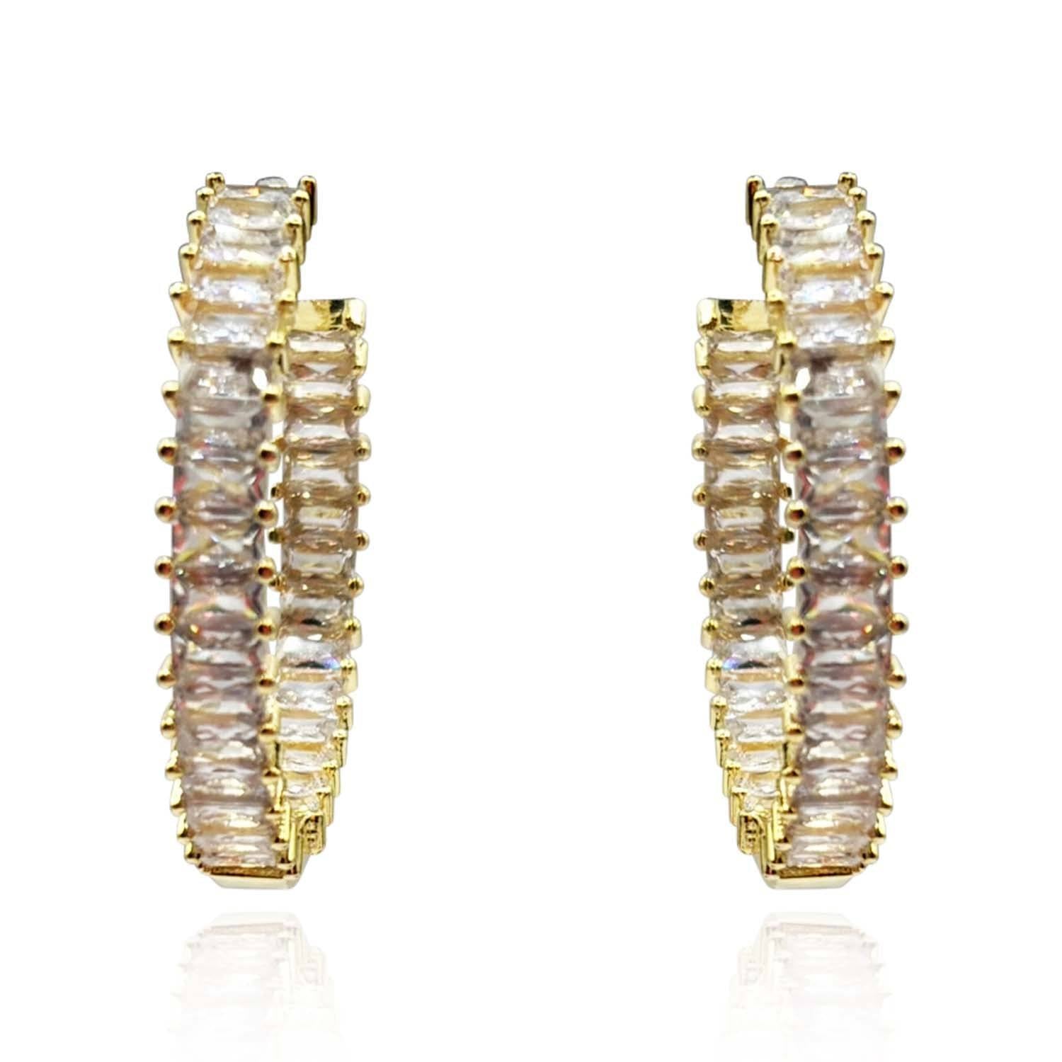 Large Gold Plated Cubic Zirconium Baguette Hoop Earrings