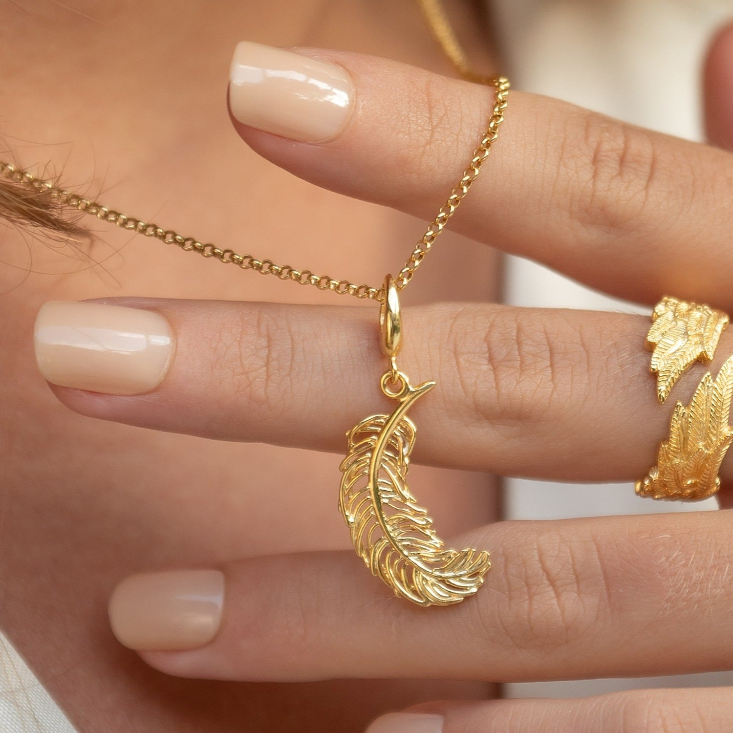 Gold Plated Large Feather Charm Necklace