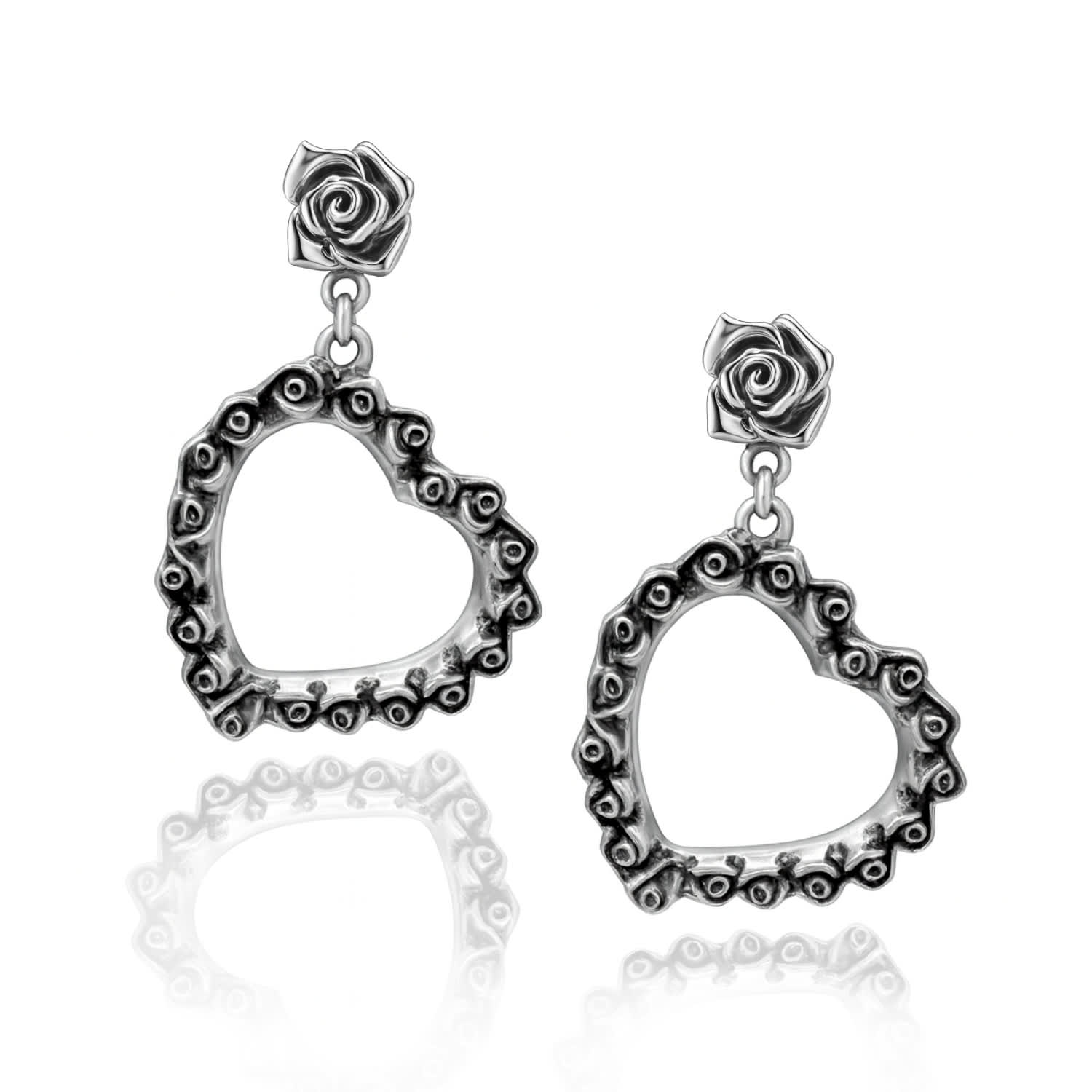 Large Love Sterling Silver Heart And Rose Drop Earrings – Earrings For Women – Jewelry For Women