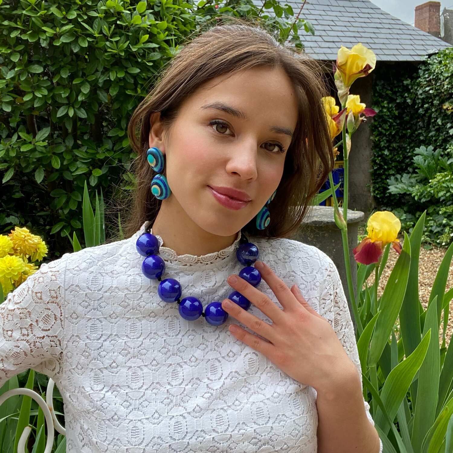 Large Marbled Knotted Navy Resin Bead Necklace