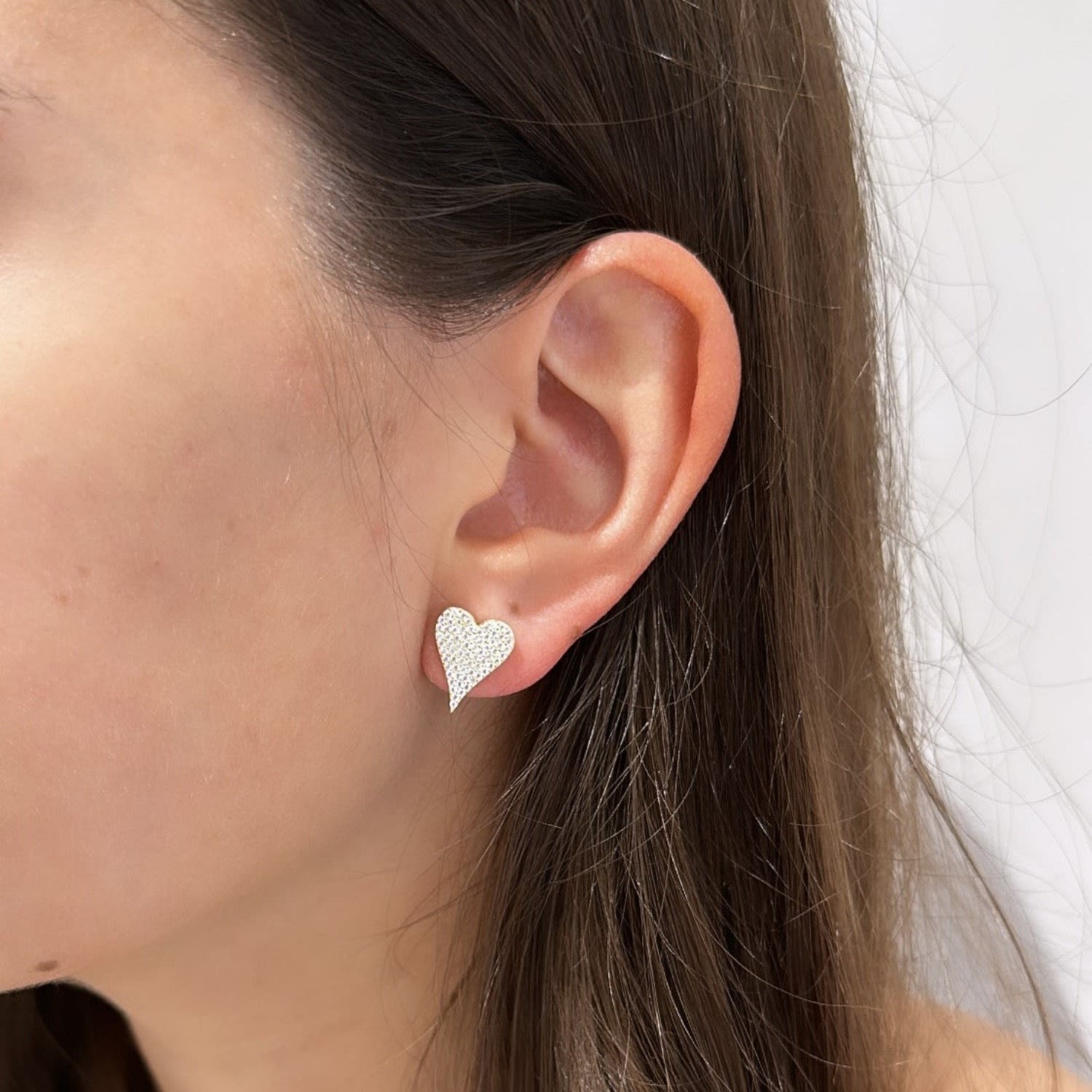 Elongated Large Pave Heart Studs - Gold