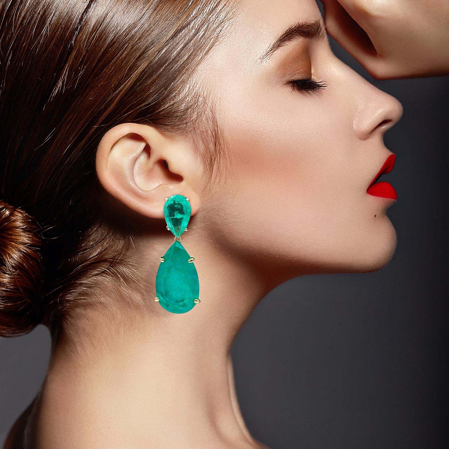 Large Pear Double Emerald Cubic Zirconai And Sterling Silver Drop Clip On Earrings