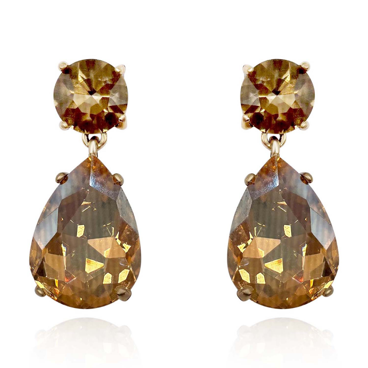 Champagne Crystal Drop Clip On Earrings In Brass With Gold Plating