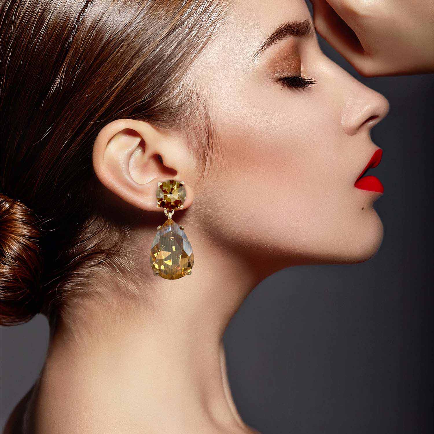 Champagne Crystal Drop Clip On Earrings In Brass With Gold Plating