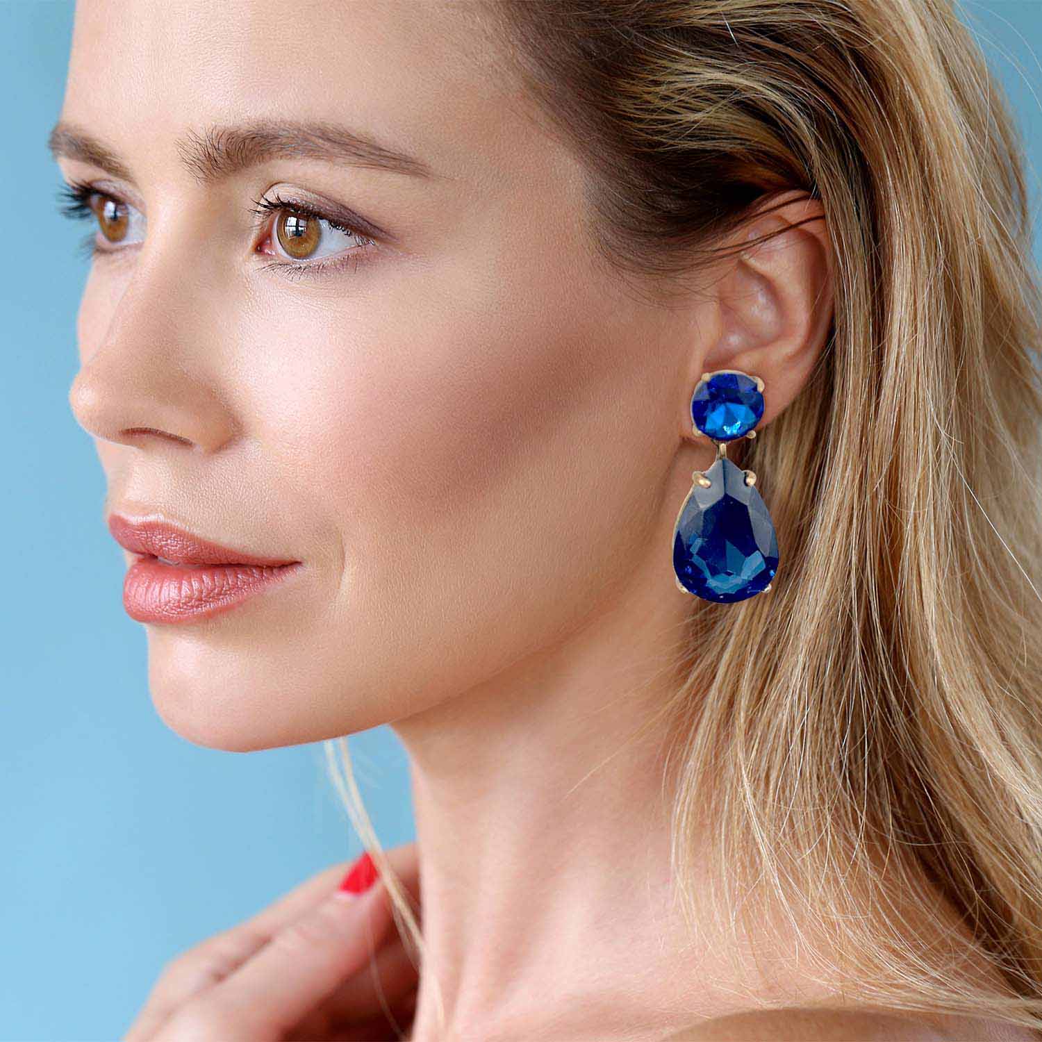 Large Pear-Faceted Sapphire Crystal Drop Earrings In Brass With Gold Plating"