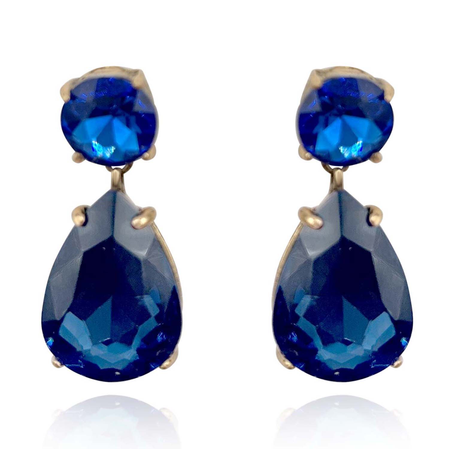 Large Pear-Faceted Sapphire Crystal Drop Earrings In Brass With Gold Plating"