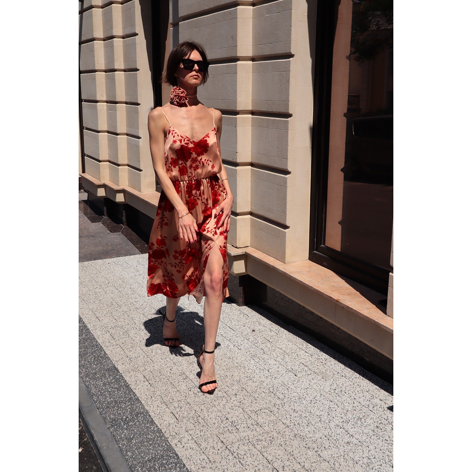 Laurent Floral Print Satin Choker - Peach
