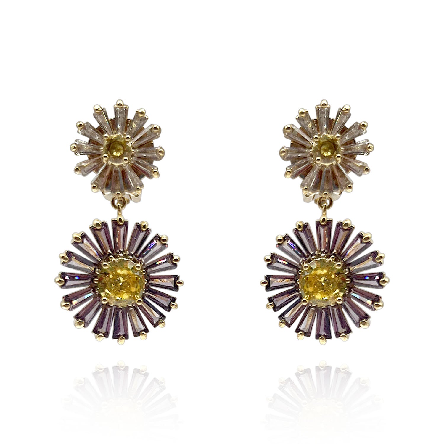 Lavender And Yellow Diamond Clip-On Earrings With Crystal Baguettes