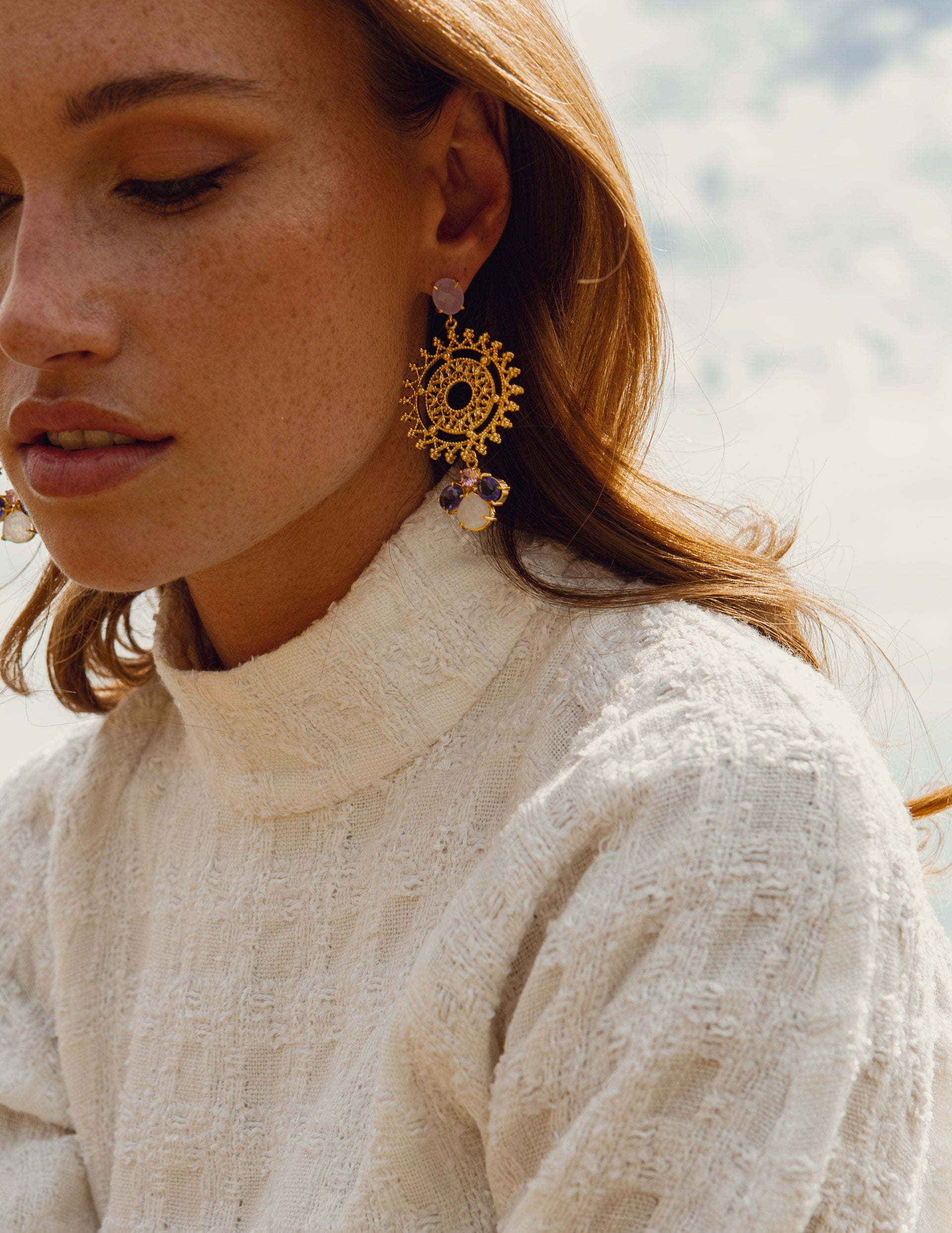 Lavender Chalcedony & Natural Rainbow Moonstone Handmade Drop Earring