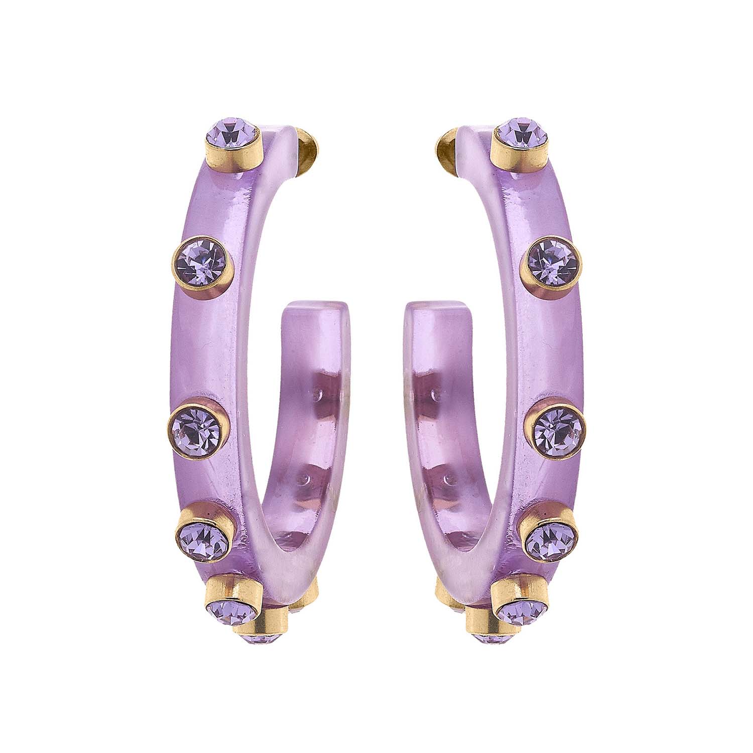 Lavender Translucent Resin Hoop Earrings With Light Amethyst Crystal Accents