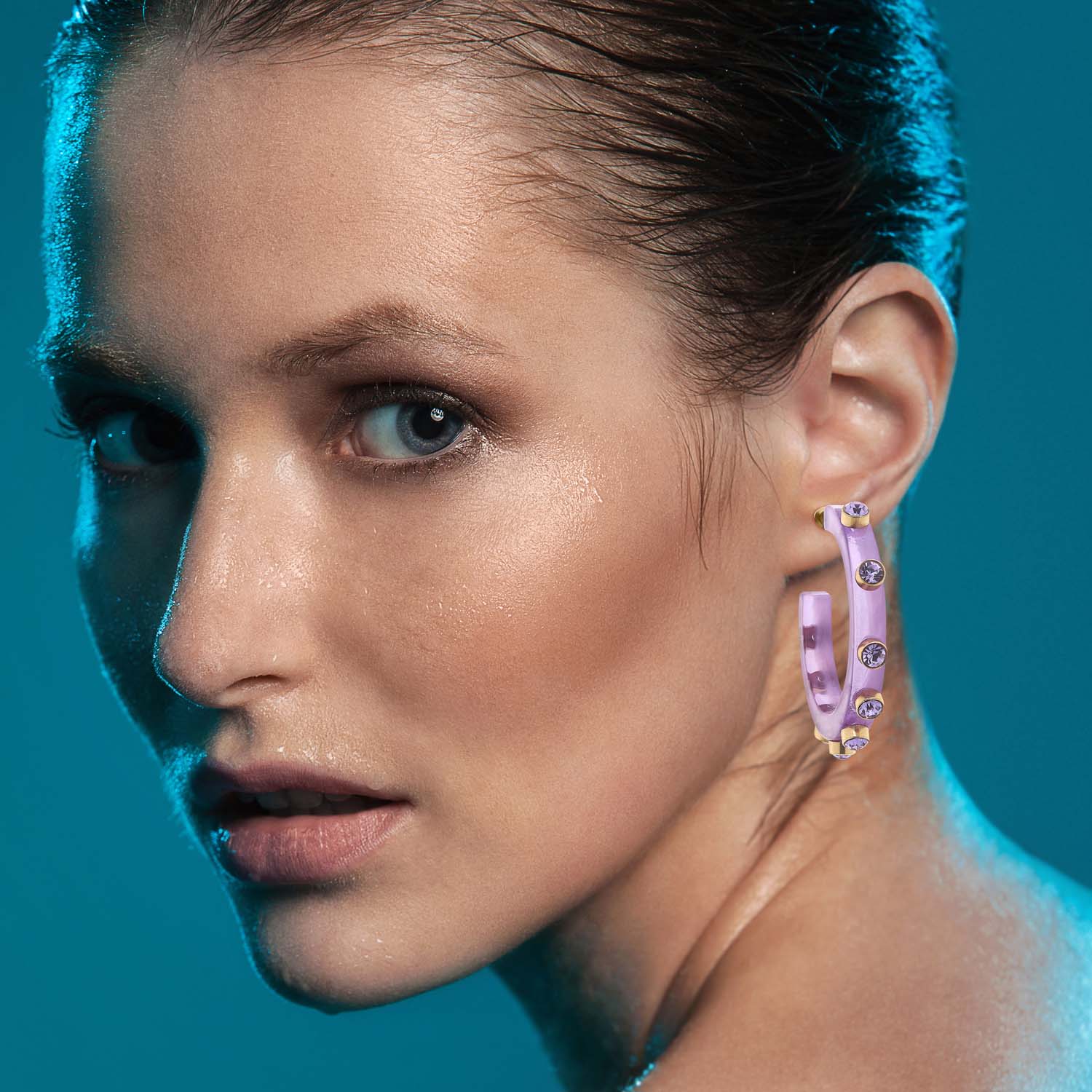 Lavender Translucent Resin Hoop Earrings With Light Amethyst Crystal Accents
