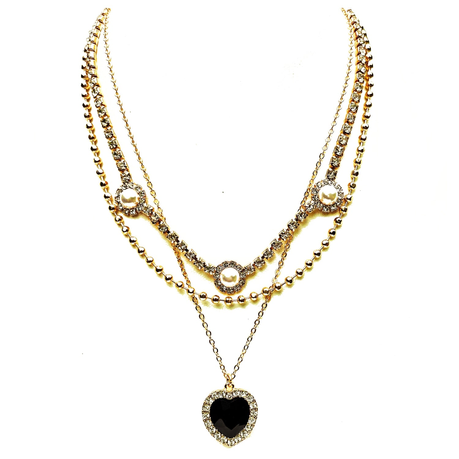 Layered Black Heart Shaped Stone Pendant Necklace