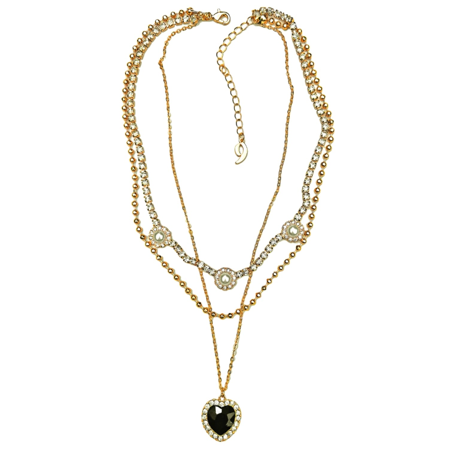 Layered Black Heart Shaped Stone Pendant Necklace