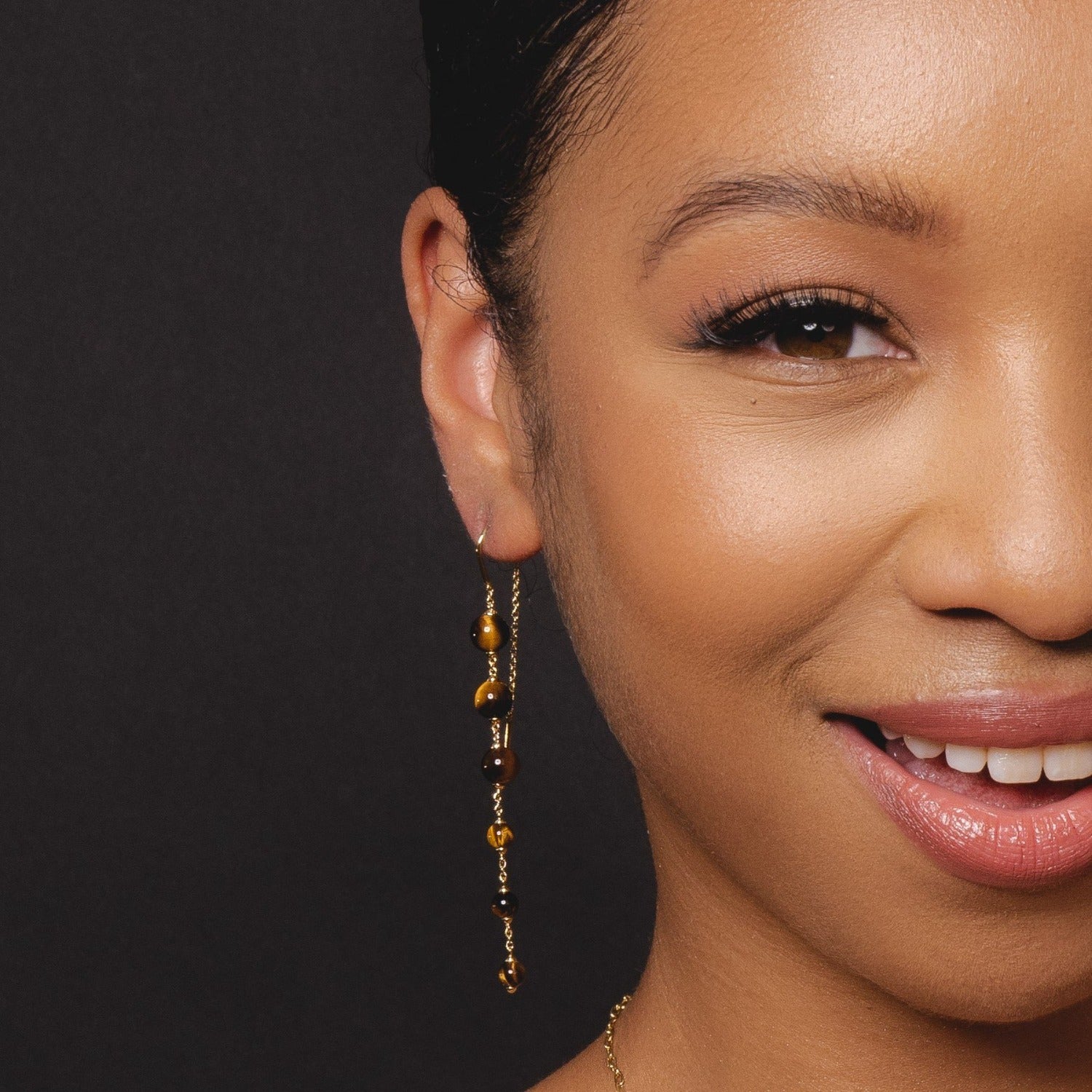 Ecfewtm 18ct Gold Plated Sterling Silver Mismatched Tiger's Eye Bead Dangle Earrings