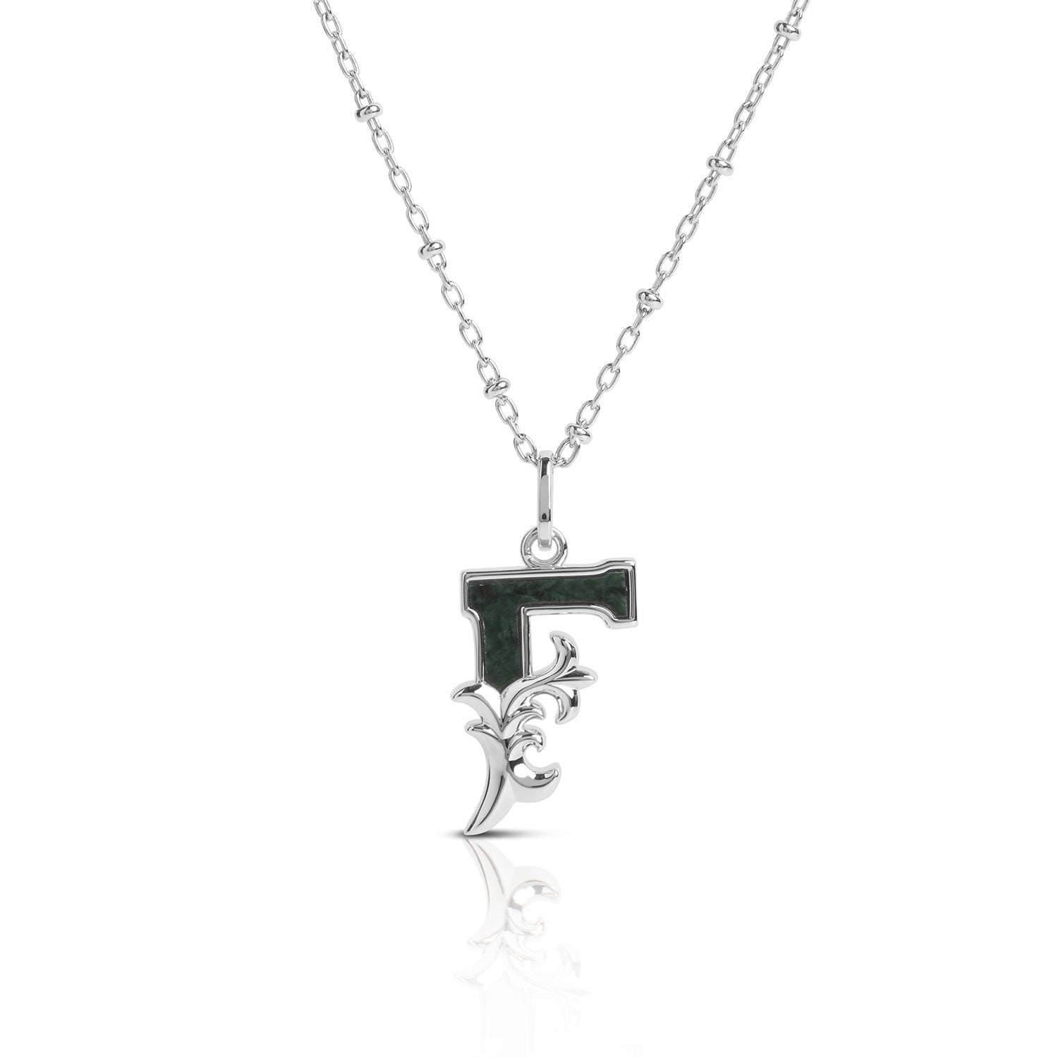 Solid Silver F Initial Necklace With Green Marble