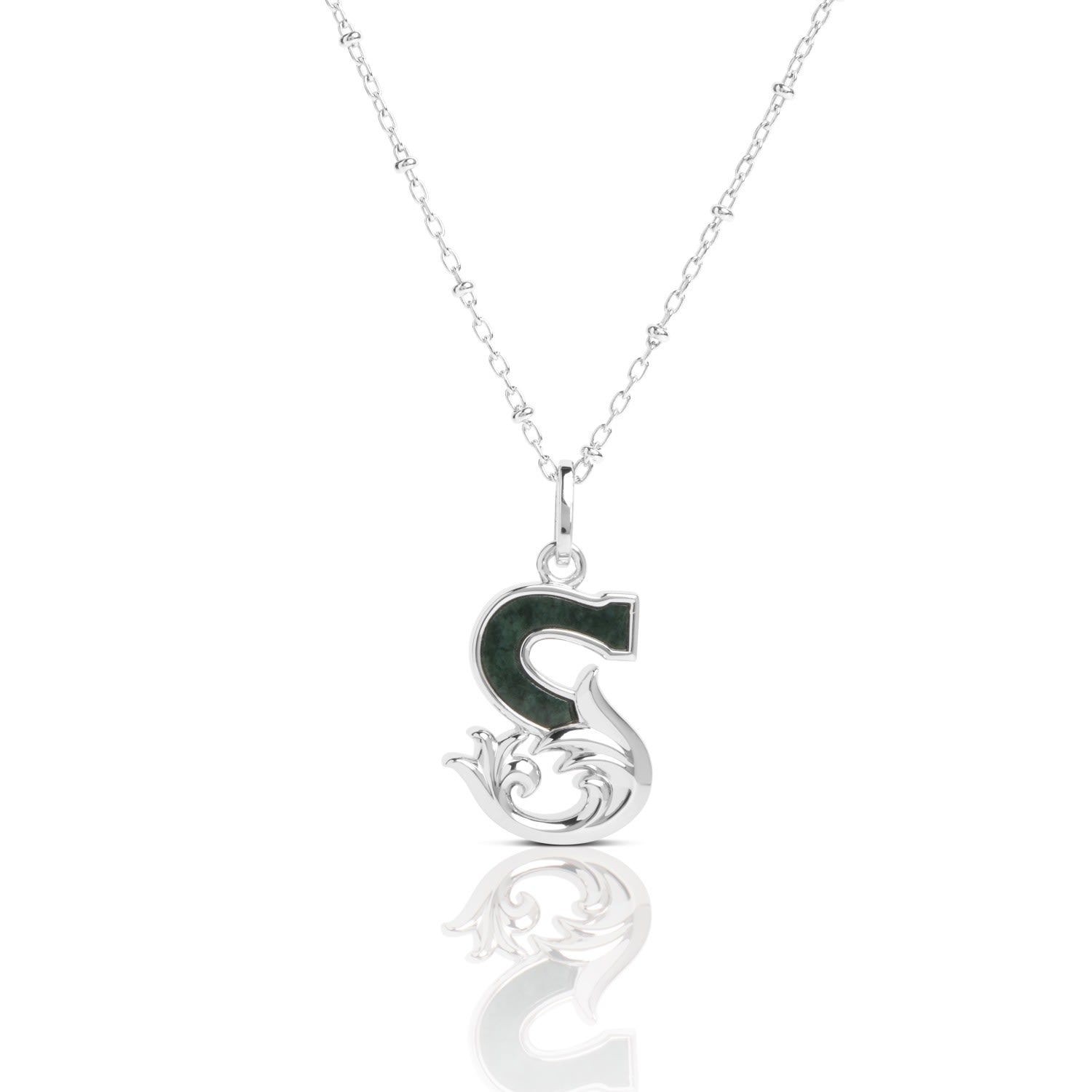 Solid Silver S Initial Necklace With Green Marble