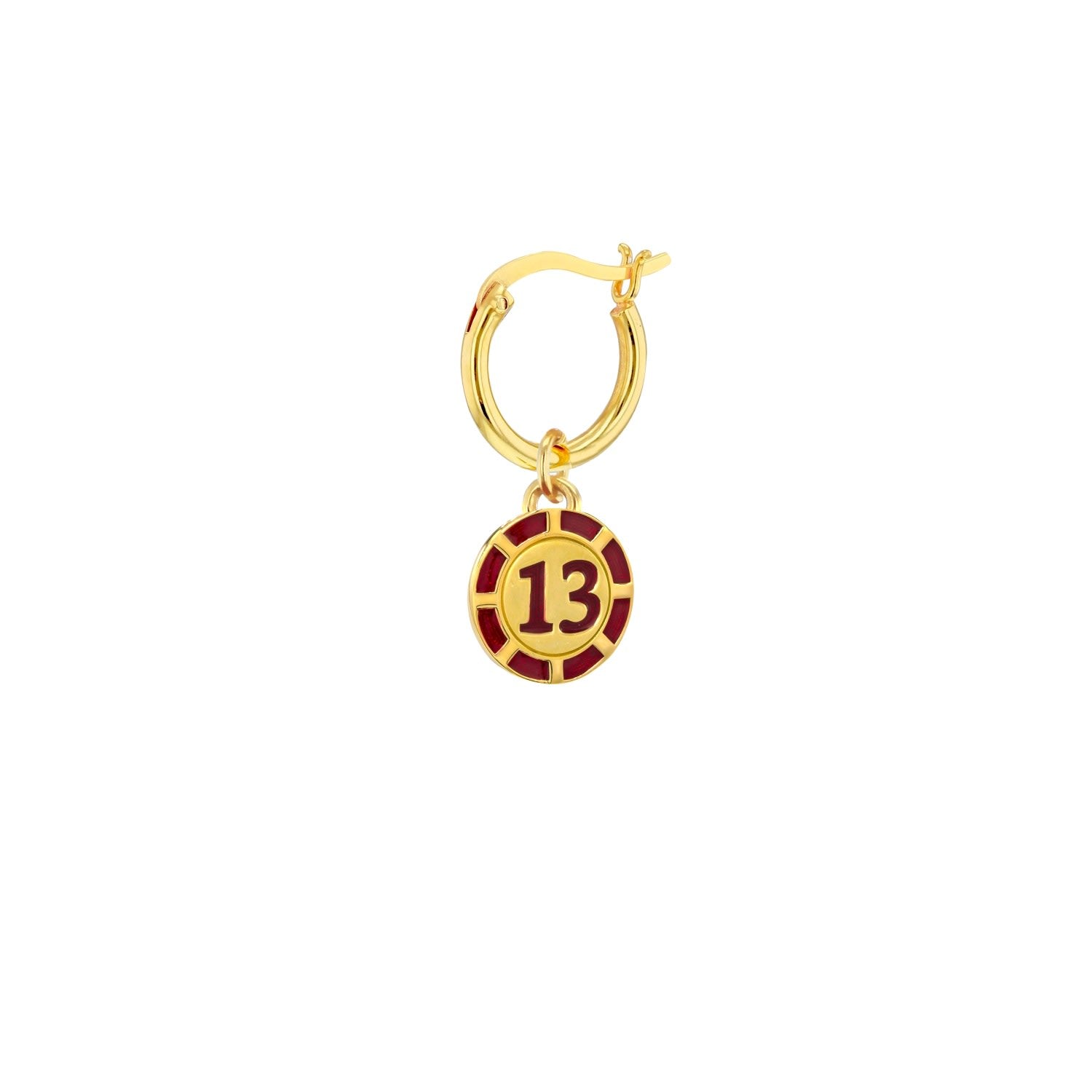 Red Enamel & 18Kt Gold Plated 13 Poker Chip Mini Charm On Gold Plated Hoop Earring