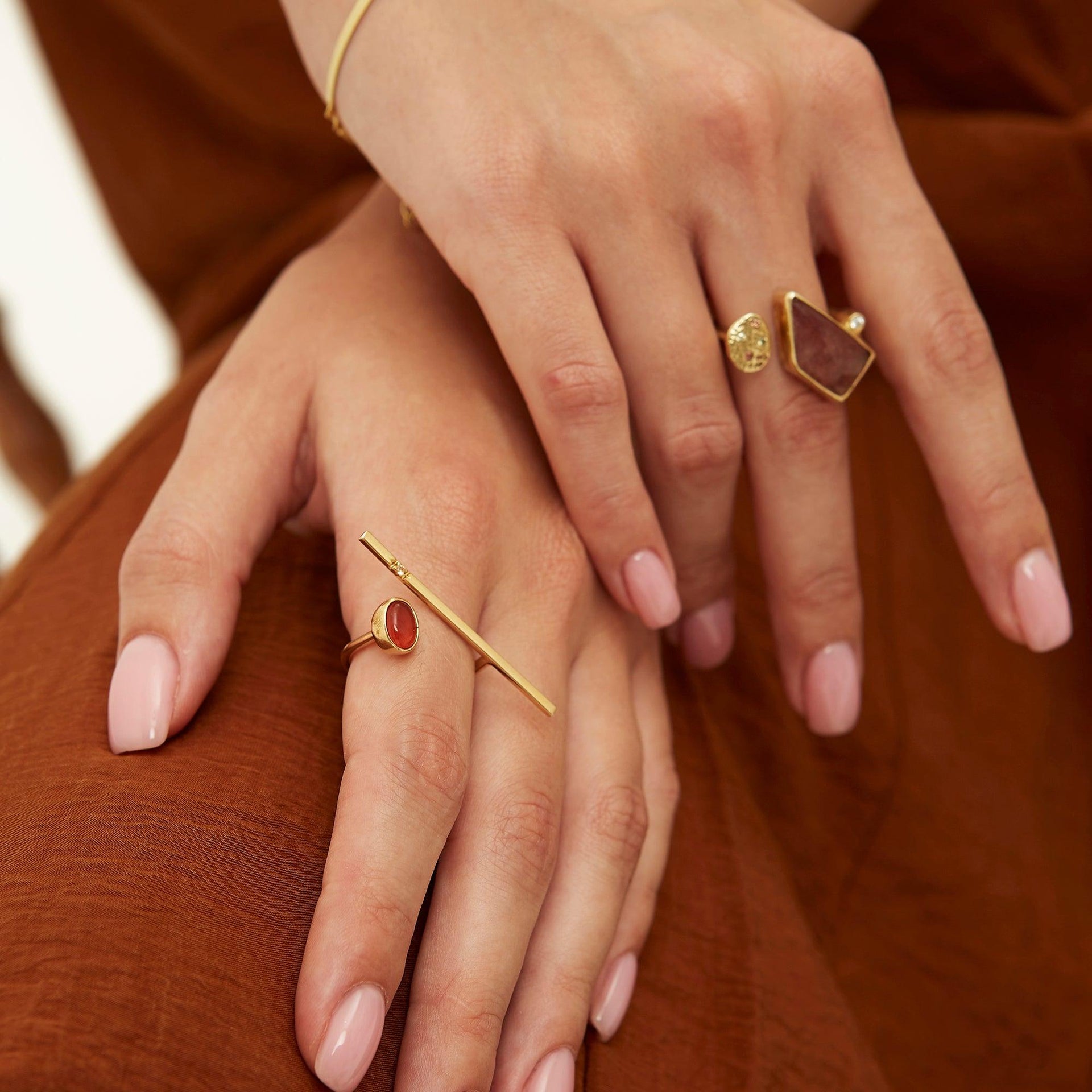 Sterling Silver Bar Oval High Quality Natural Stone Adjustable Ring - Silver