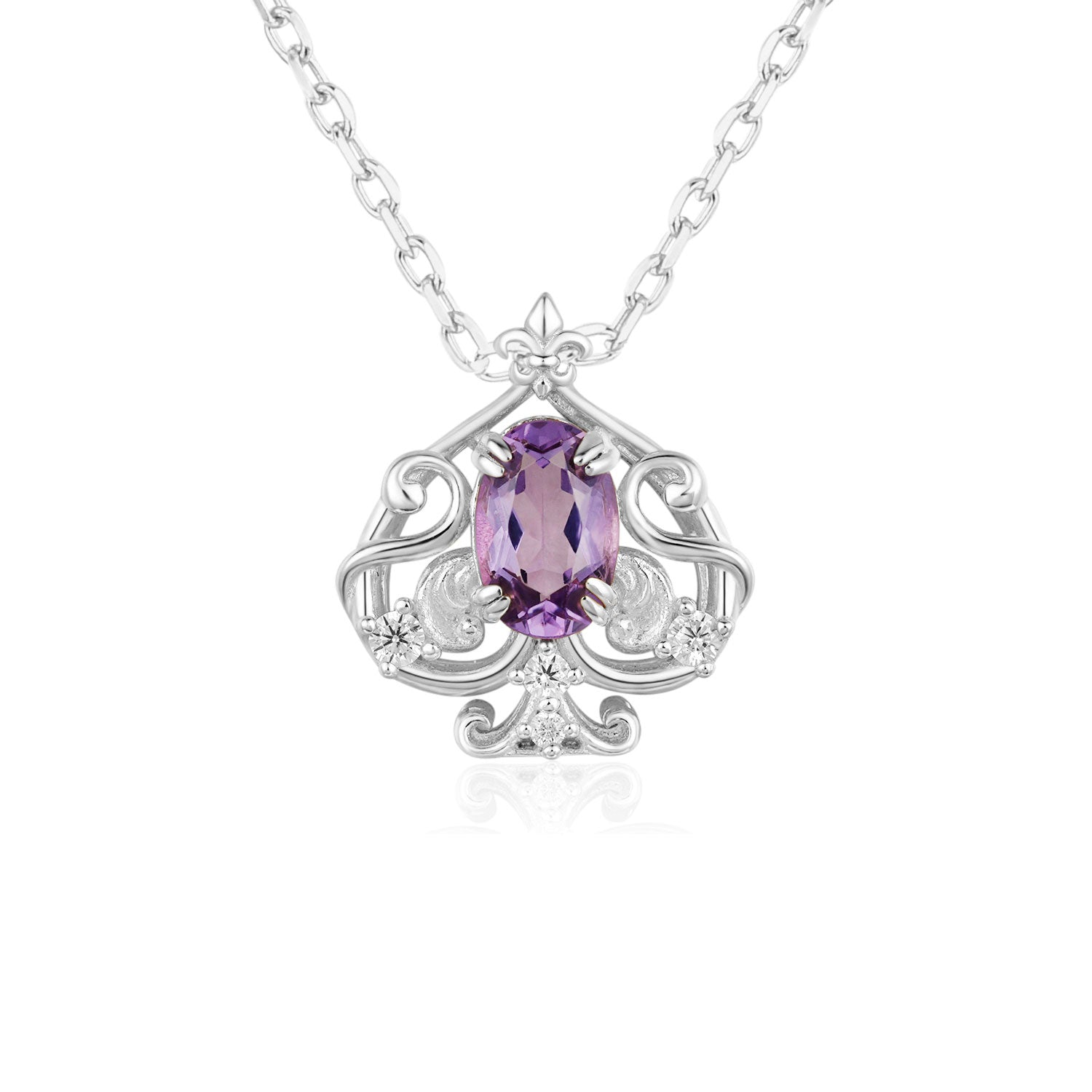 Leafy Spade Amethyst Necklace White Gold Vermeil