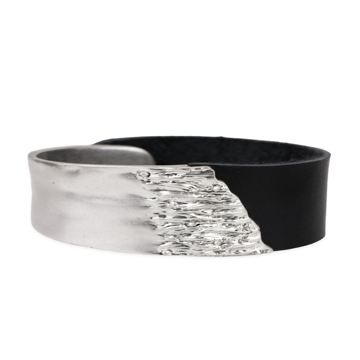 Leather Metal Statement Silver Bracelet
