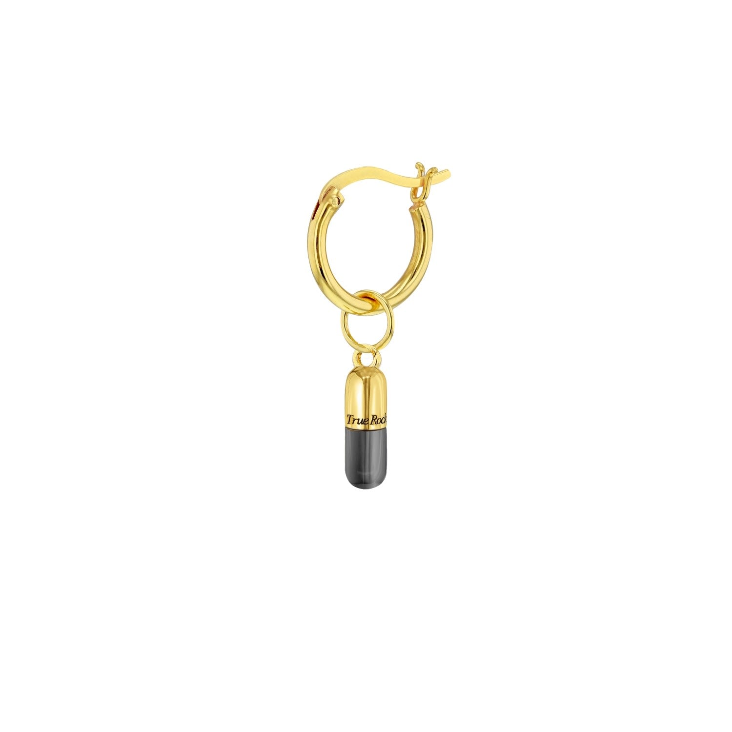 Gun Metal Grey & 18Kt Gold Plated Mini Pill Charm On Gold Hoop