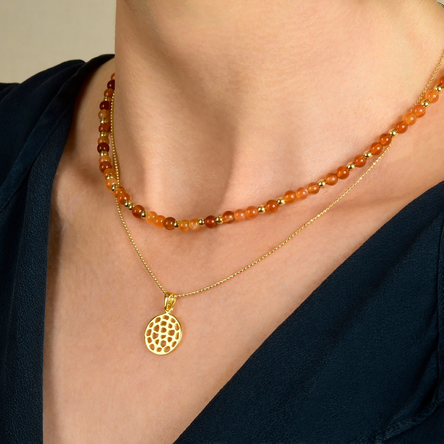 Jewel Bead July Birthstone Necklace Gold Plated Sterling Silver - Carnelian