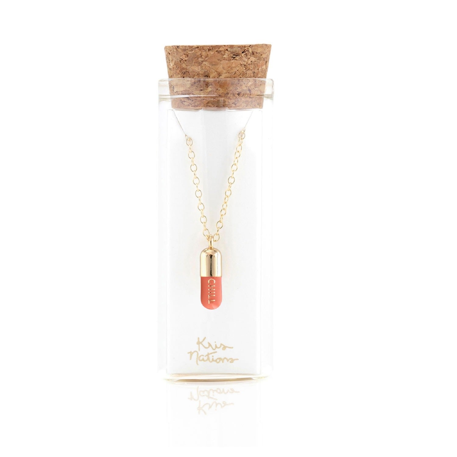 Chill Pill Enamel Necklace Gold Filled, Pink Sky