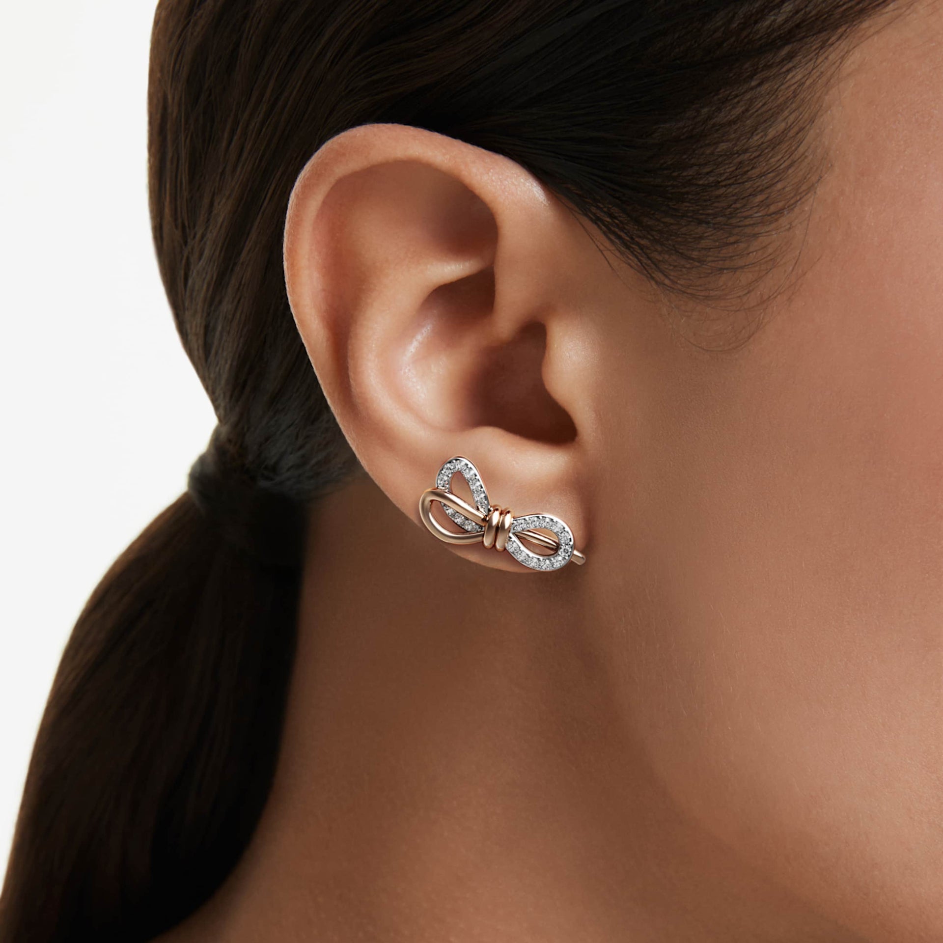 LIFELONG STUD EARRINGS PAVE BOW WHITE MIXED METAL FINISH