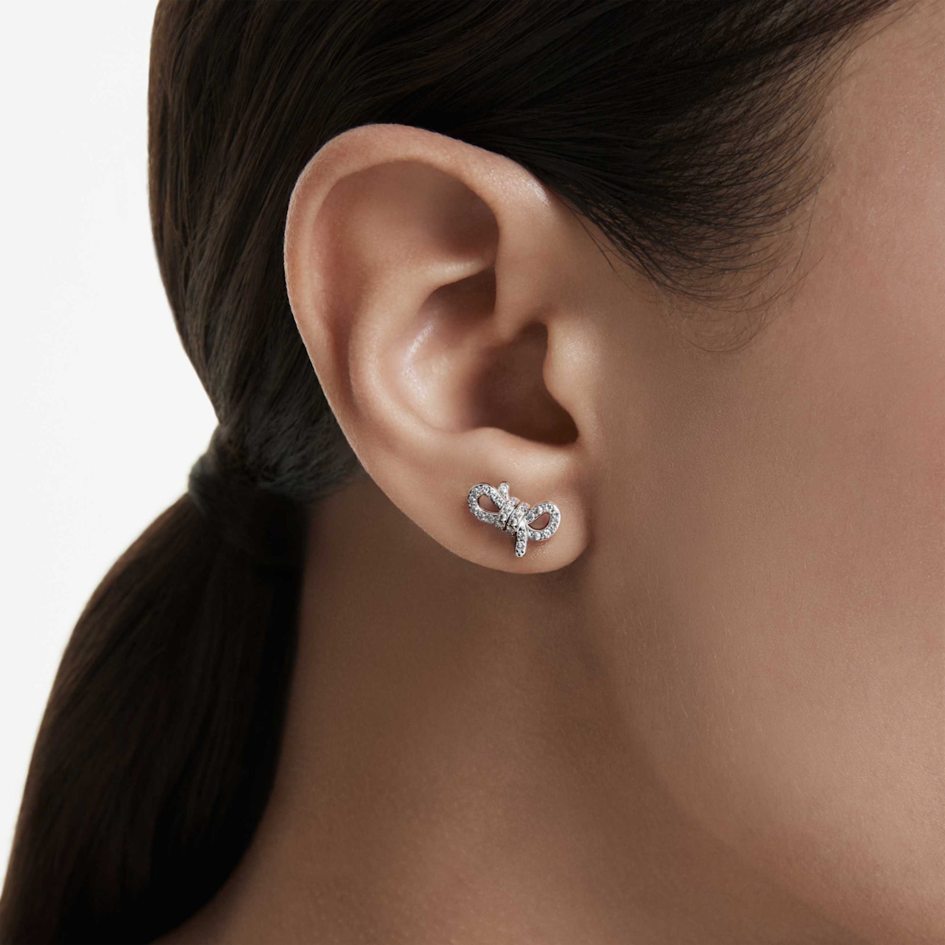 LIFELONG STUD EARRINGS PAVE BOW WHITE RHODIUM PLATED