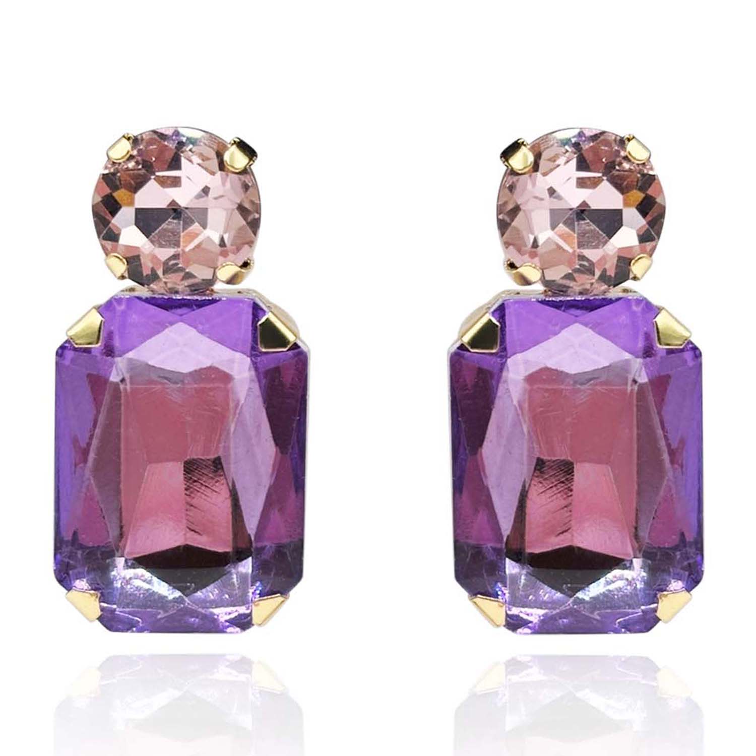 Light Amethyst Crystal Ocatgon And Light Rose Round Stone Drop Earrings