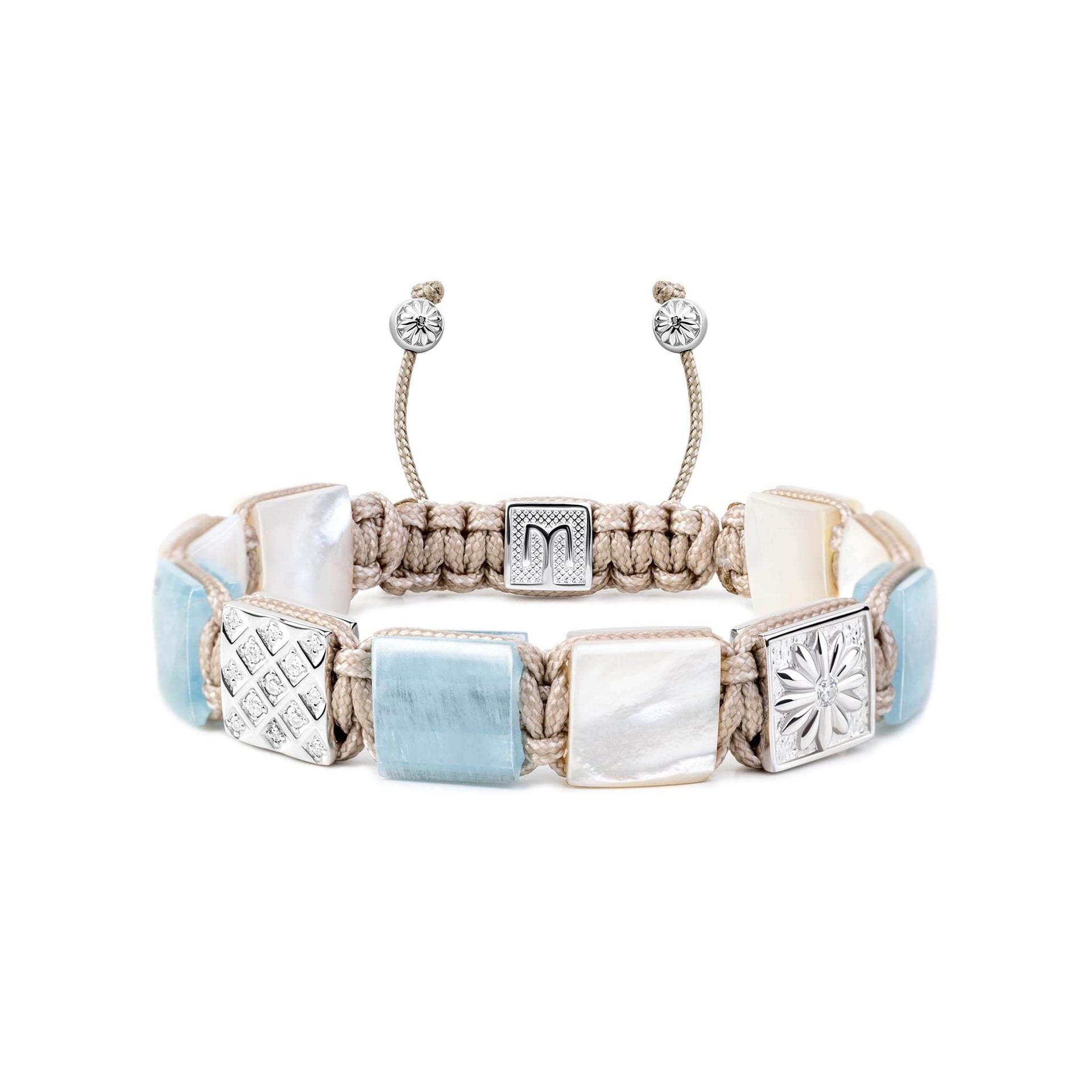 Light Beige Macrame Bracelet With Aquamarine And Mother Of Pearl