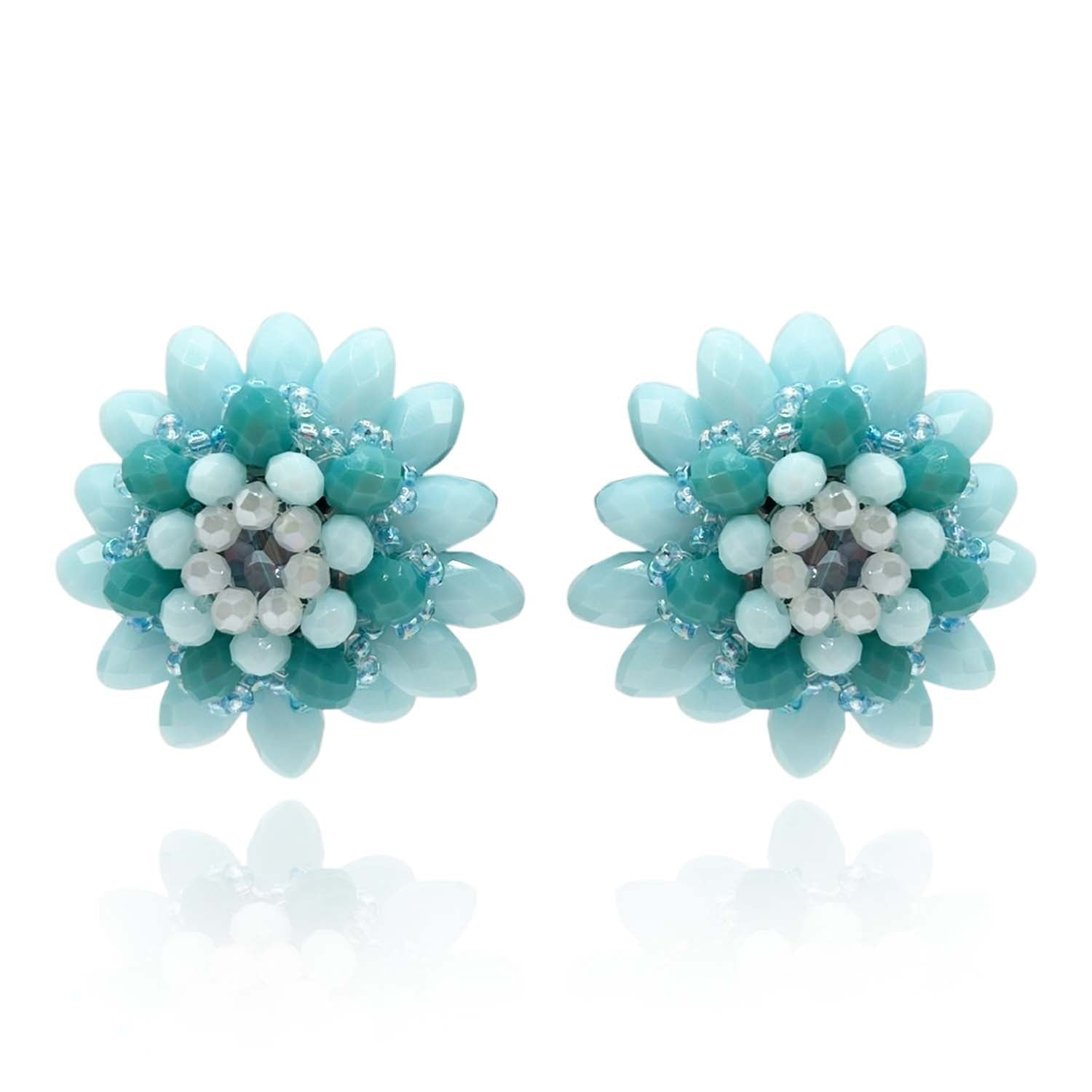 Light Blue Button Faceted Glass Bead Clip On Earring