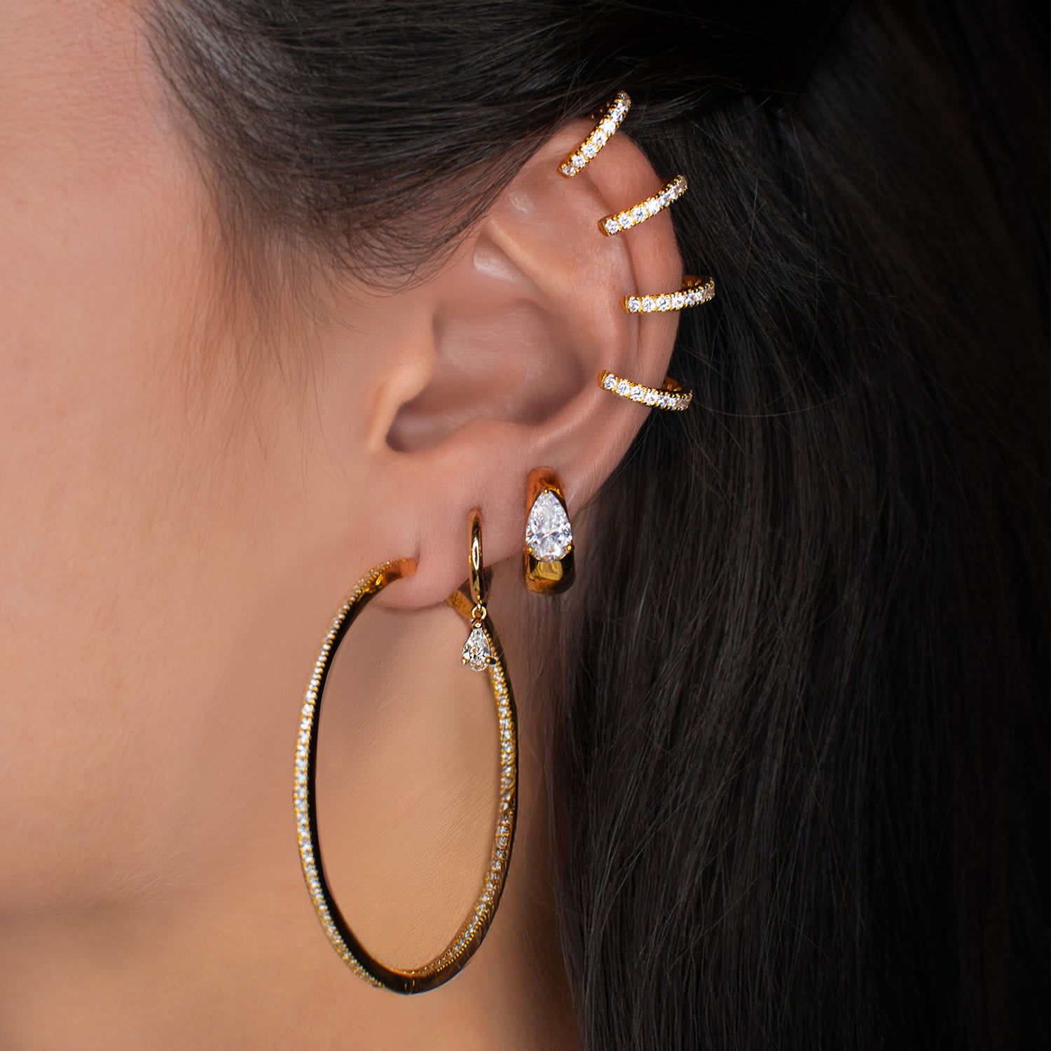 Light Hoop Earrings With Man Made Cz Diamond Stimulant In Sterling Silver & 18K Gold Vermeil