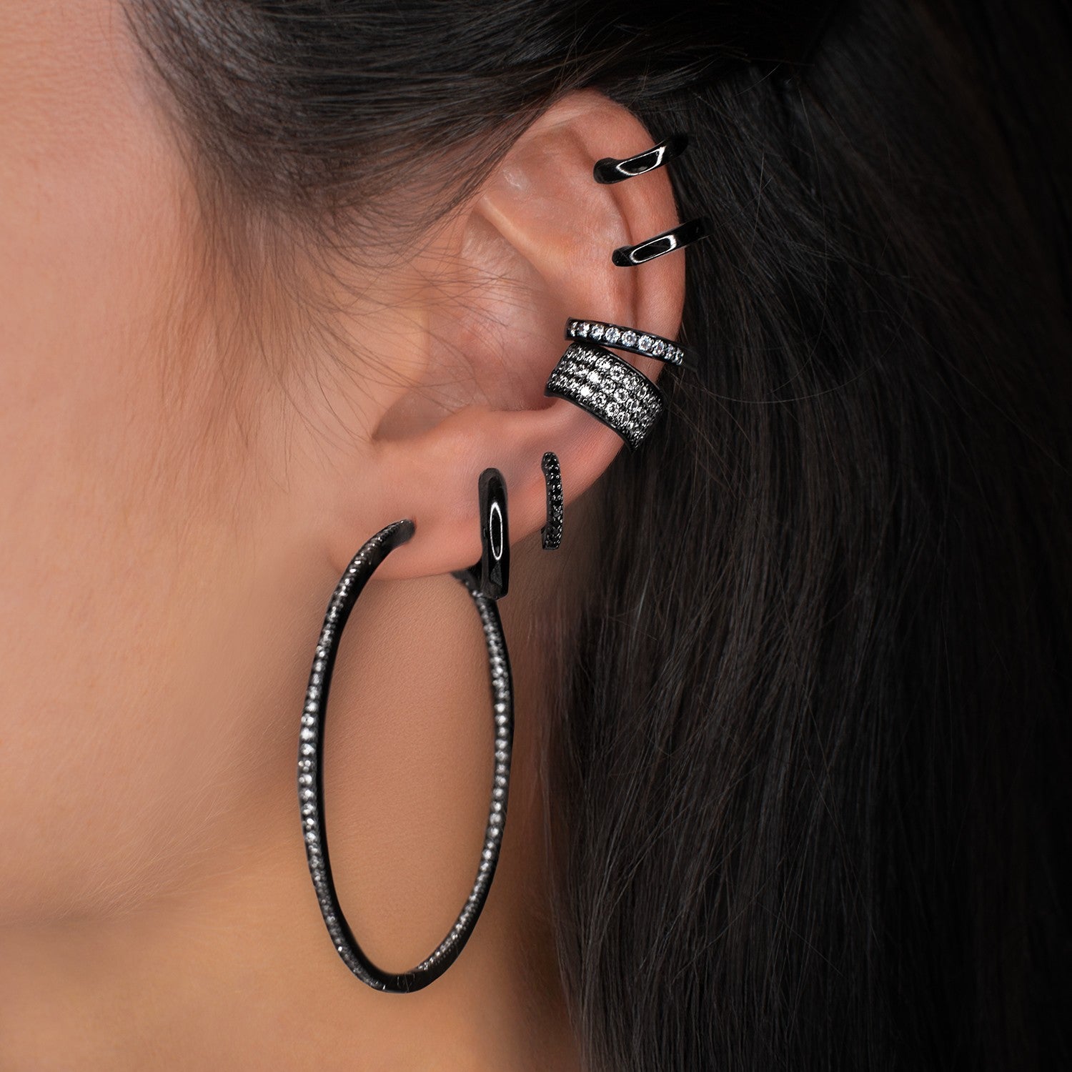 Light Hoop Earrings With Man Made Cz Diamond Stimulant In Sterling Silver & Black Rhodium