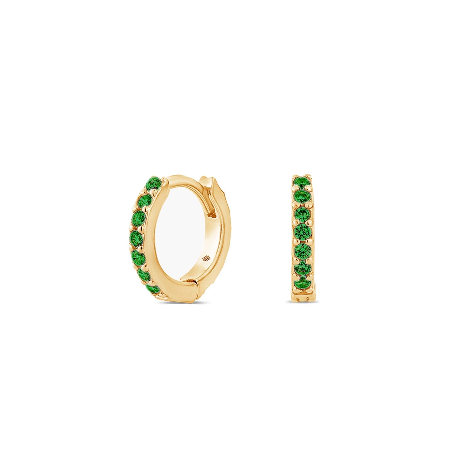 Light Huggie Earrings With Man Made Emeralds In 18K Gold Vermeil