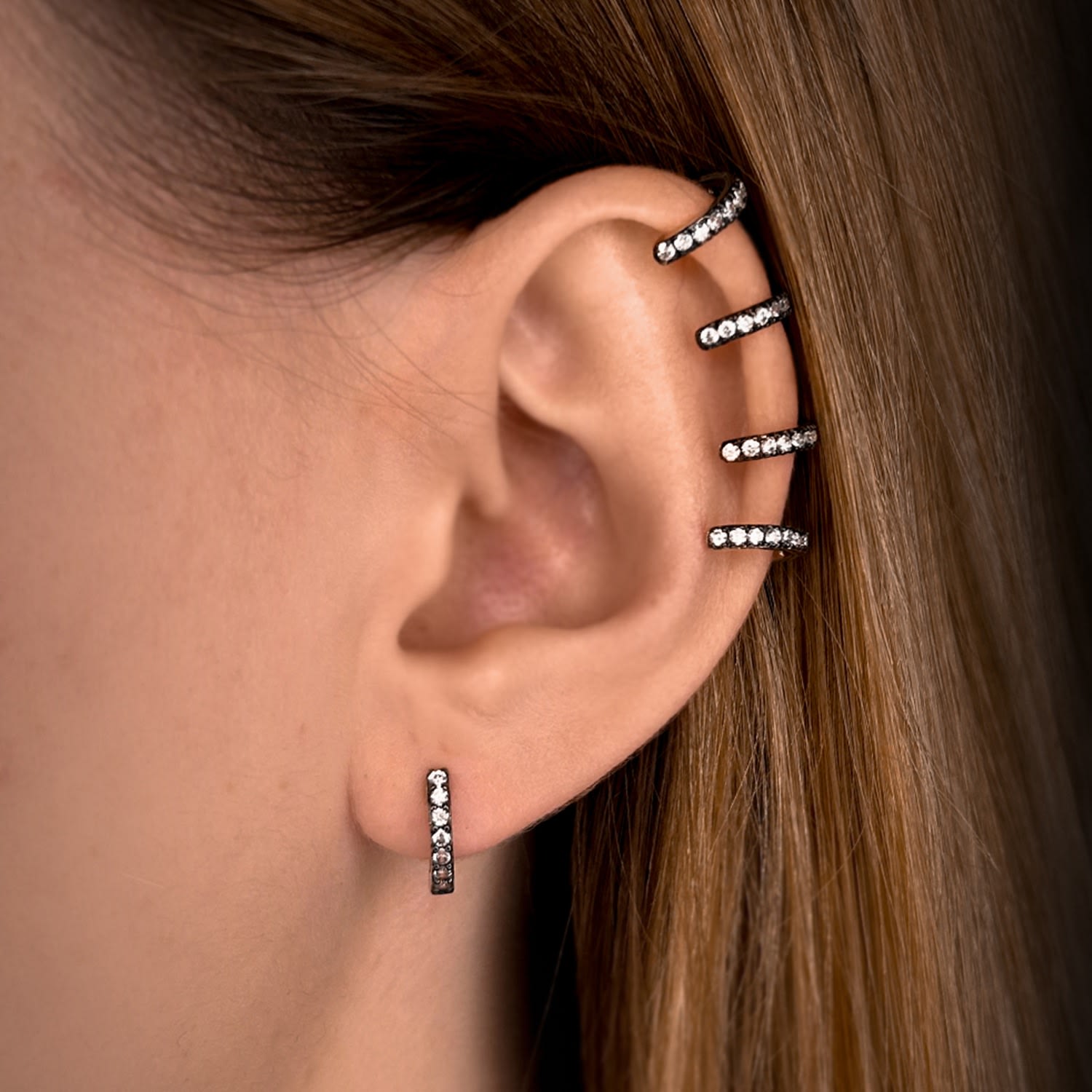 Light Huggie Earrings With Man Made White Cz Diamond Stimulant In Sterling Silver & Premium Black Rhodium