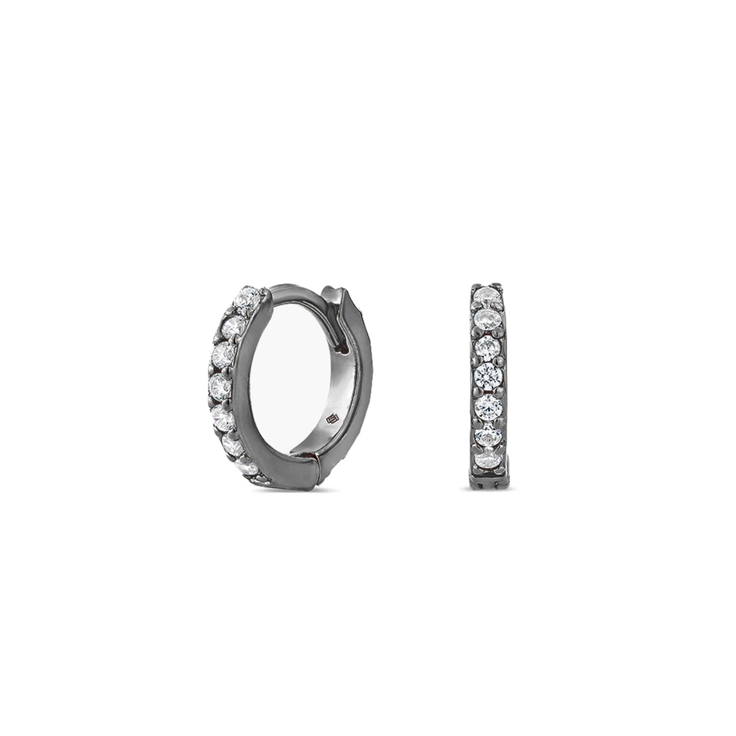Light Huggie Earrings With Man Made White Cz Diamond Stimulant In Sterling Silver & Premium Black Rhodium