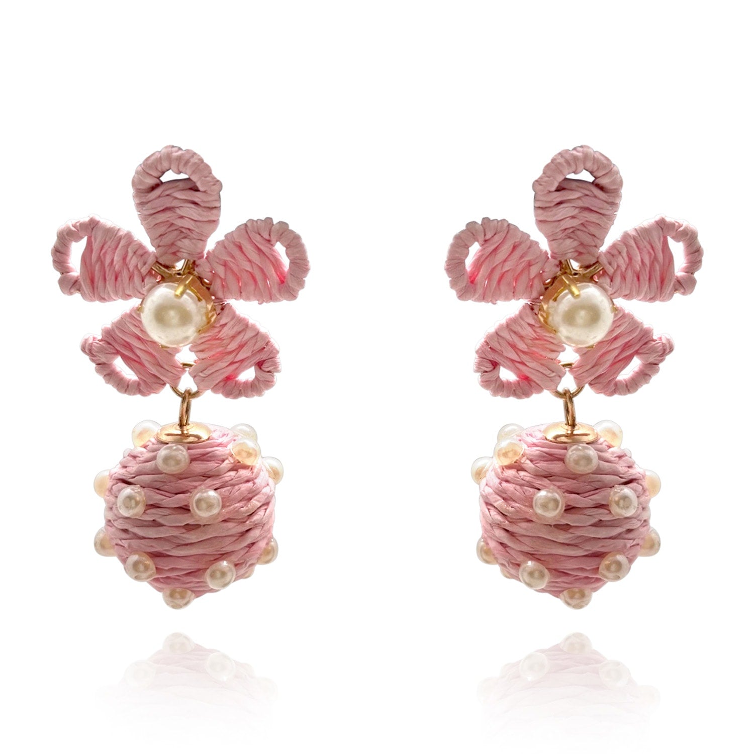 Light Pink Rattan Floral Earrings With Pearl Studded Drops