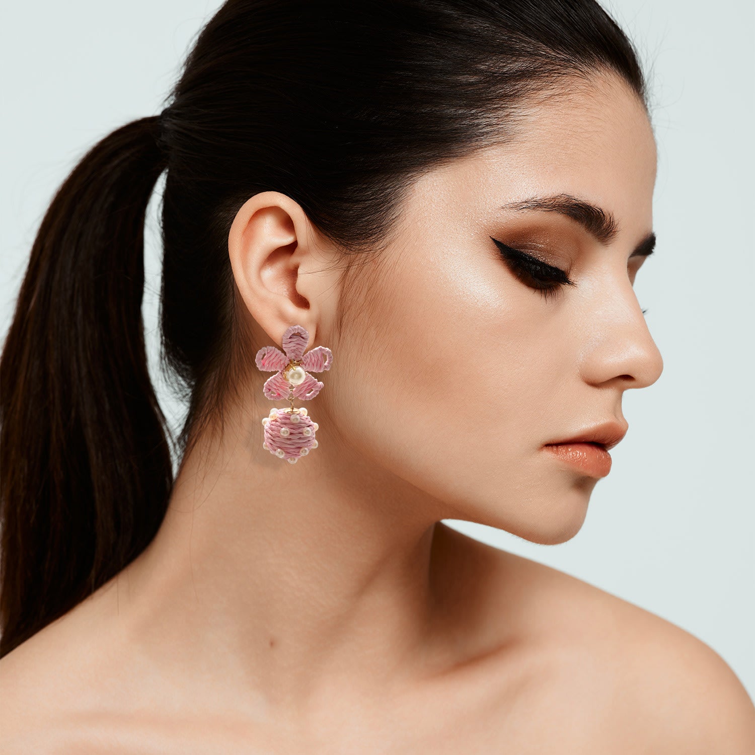 Light Pink Rattan Floral Earrings With Pearl Studded Drops